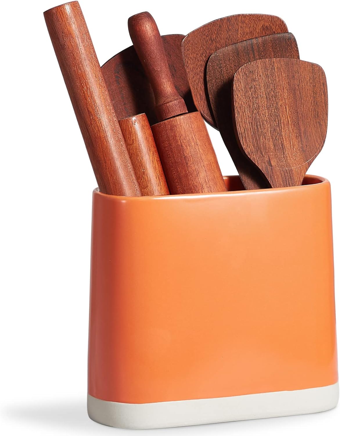 ONEMORE Ceramic Utensil Crock, Large Kitchen Utensil Holder for Countertop, Farmhouse Cooking Utensil Organizer with Cork Mat for Kitchen Counter, Oval Utensil Storage Caddy for Spatula, Orange