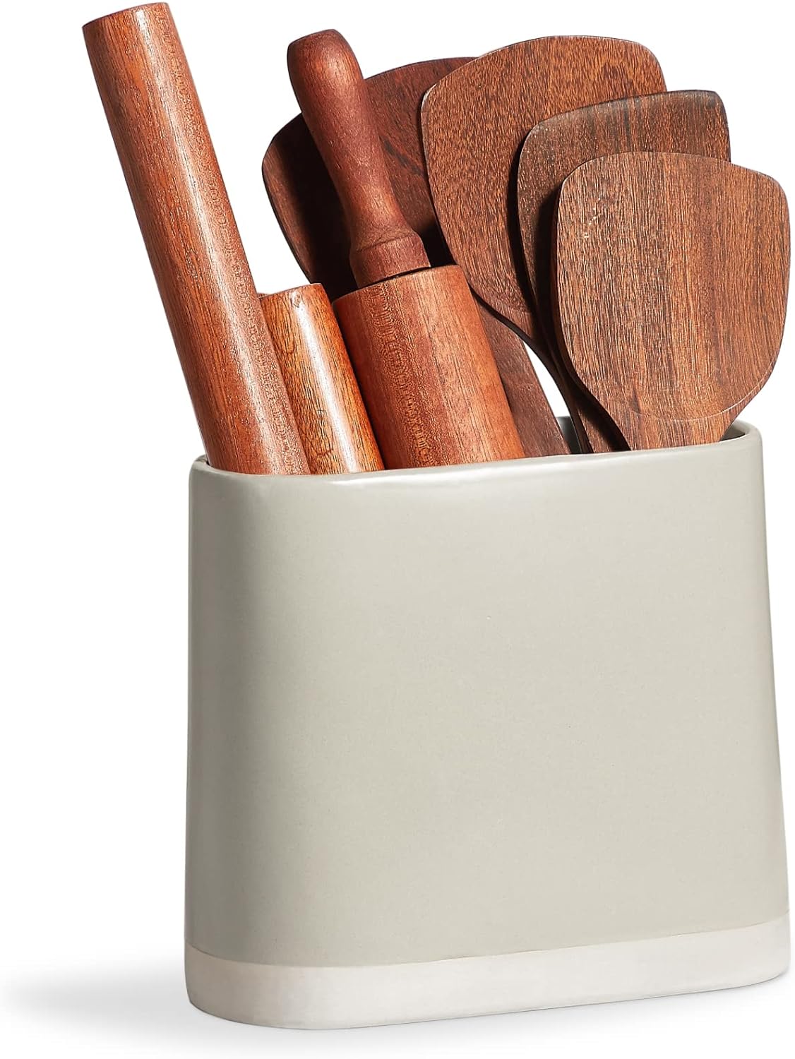 ONEMORE Ceramic Utensil Crock, Large Kitchen Utensil Holder for Countertop, Farmhouse Cooking Utensil Organizer with Cork Mat for Kitchen Counter, Oval Utensil Storage Caddy for Spatula, Grey