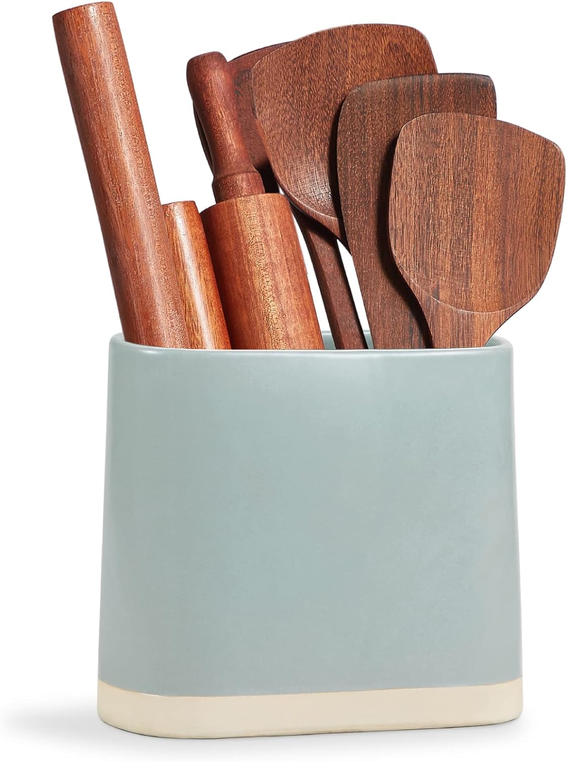 ONEMORE Ceramic Utensil Crock, Large Kitchen Utensil Holder for Countertop, Farmhouse Cooking Utensil Organizer with Cork Mat for Kitchen Counter, Oval Utensil Storage Caddy for Spatula, Light Blue