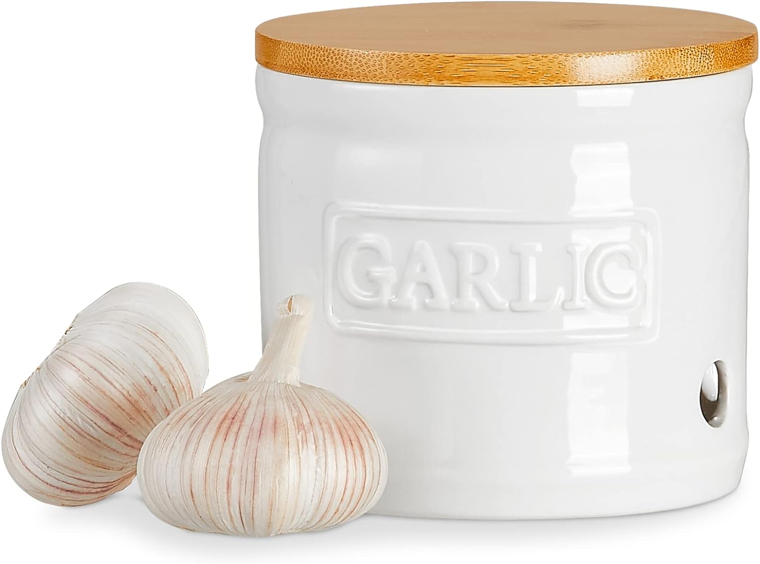 ONEMORE Garlic Keeper with Lid, Ceramic Garlic Saver 4 inch, White