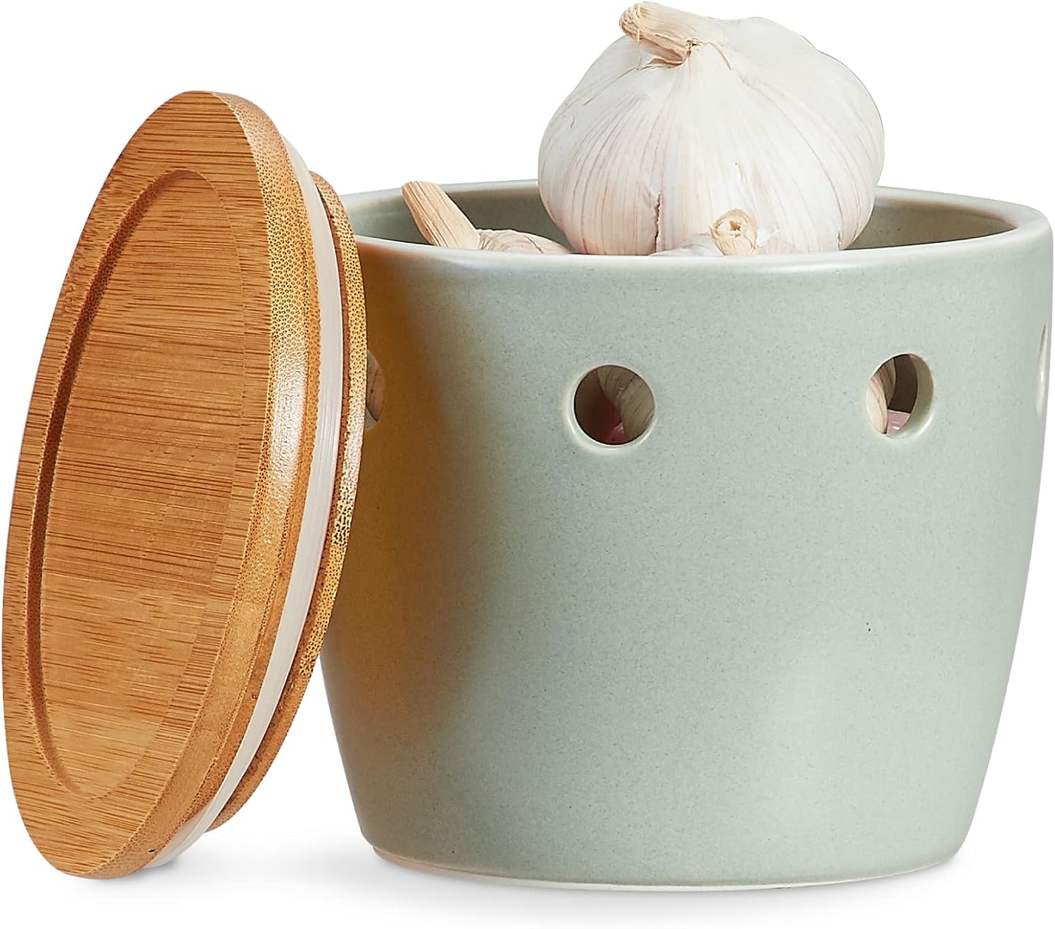 ONEMORE Large Garlic Keeper with Lid, Ceramic Garlic Saver 5 inch, Garlic Keeper for Counter, Light Green