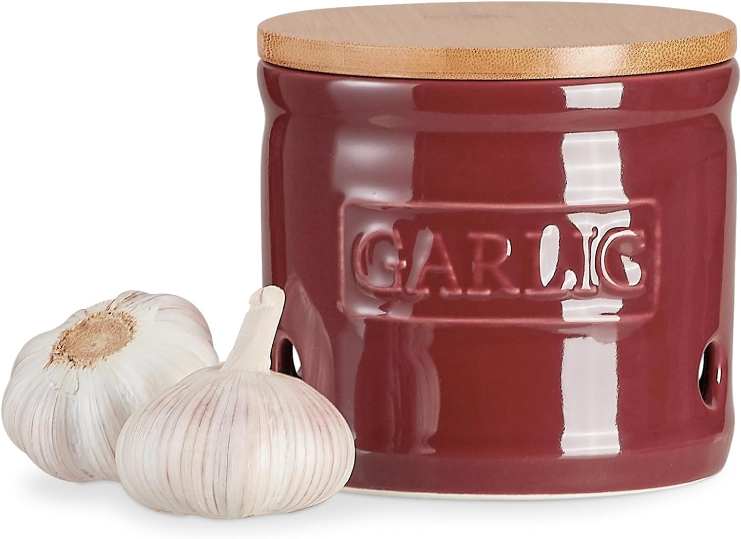 ONEMORE Garlic Keeper with Lid, Ceramic Garlic Saver 4 inch, Dark Red