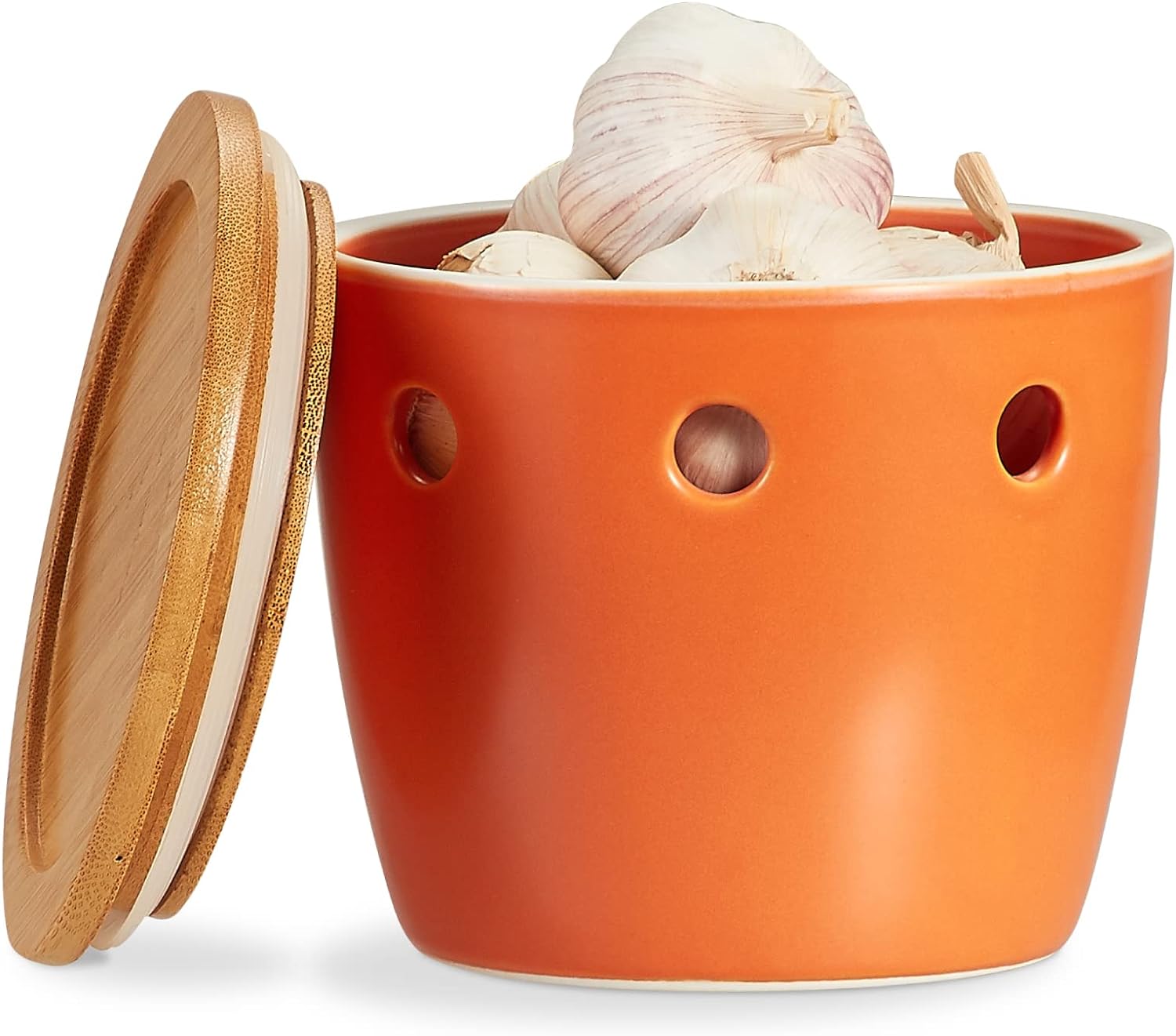 ONEMORE Large Garlic Keeper with Lid, Ceramic Garlic Saver 5 inch, Garlic Keeper for Counter, Orange