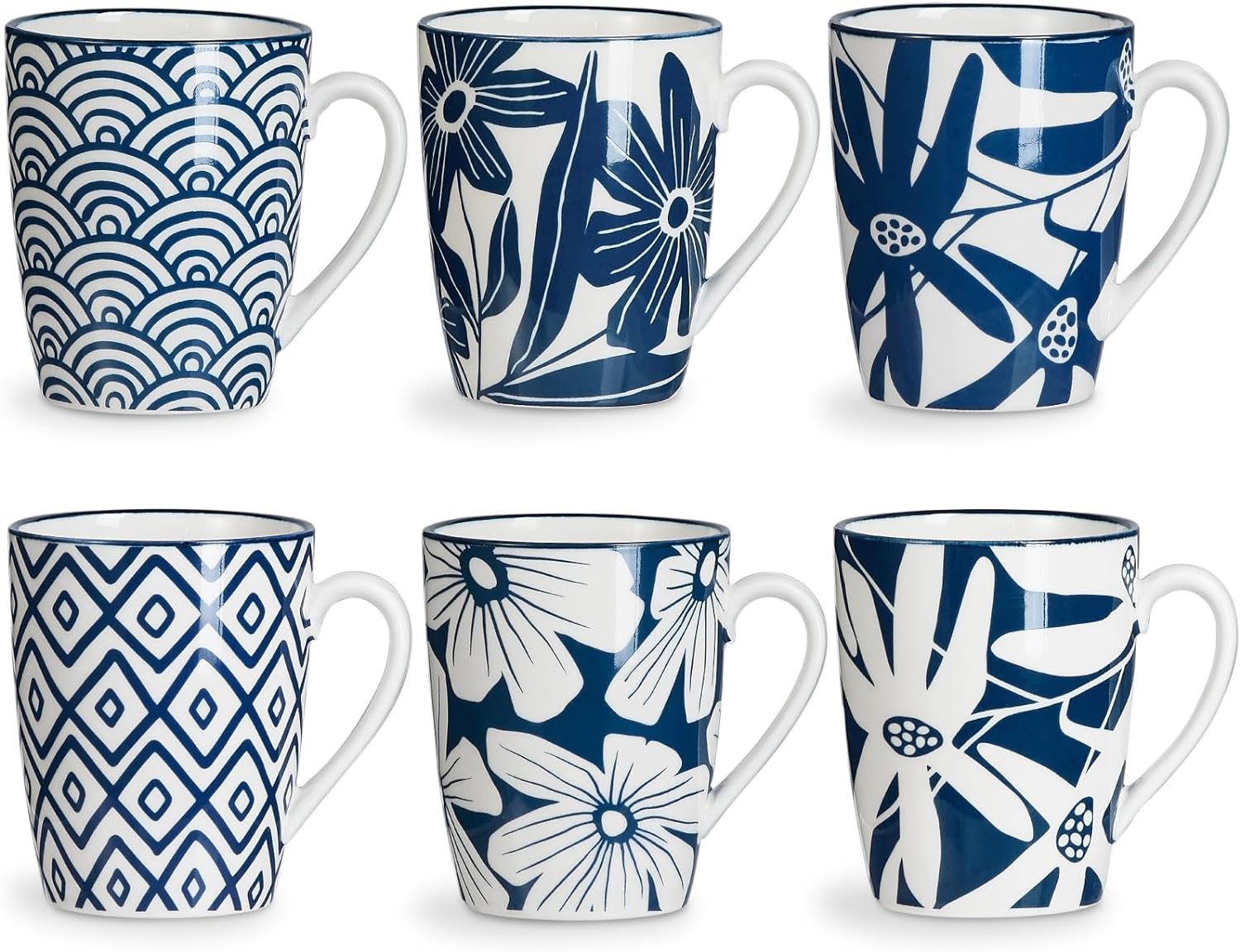 ONEMORE 12 oz Coffee Mugs Set of 6 - Dishwasher Safe Ceramic Mugs for Tea, Latte - Microwave/Oven Safe, Japanese Style, Scratch Resistant - Vintage Blue