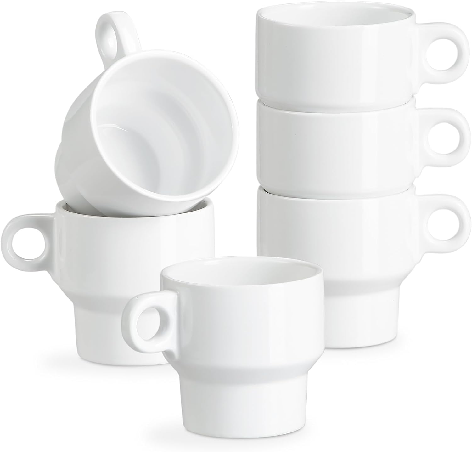 ONEMORE Coffee Mugs Set of 6, Stackable Coffee Mugs 8 oz Demitasse Cups Stacking Ceramic Mug with Handle - Perfect for Coffee, Espresso, Tea, Latte, Cocoa, Cappuccino, Milk - White