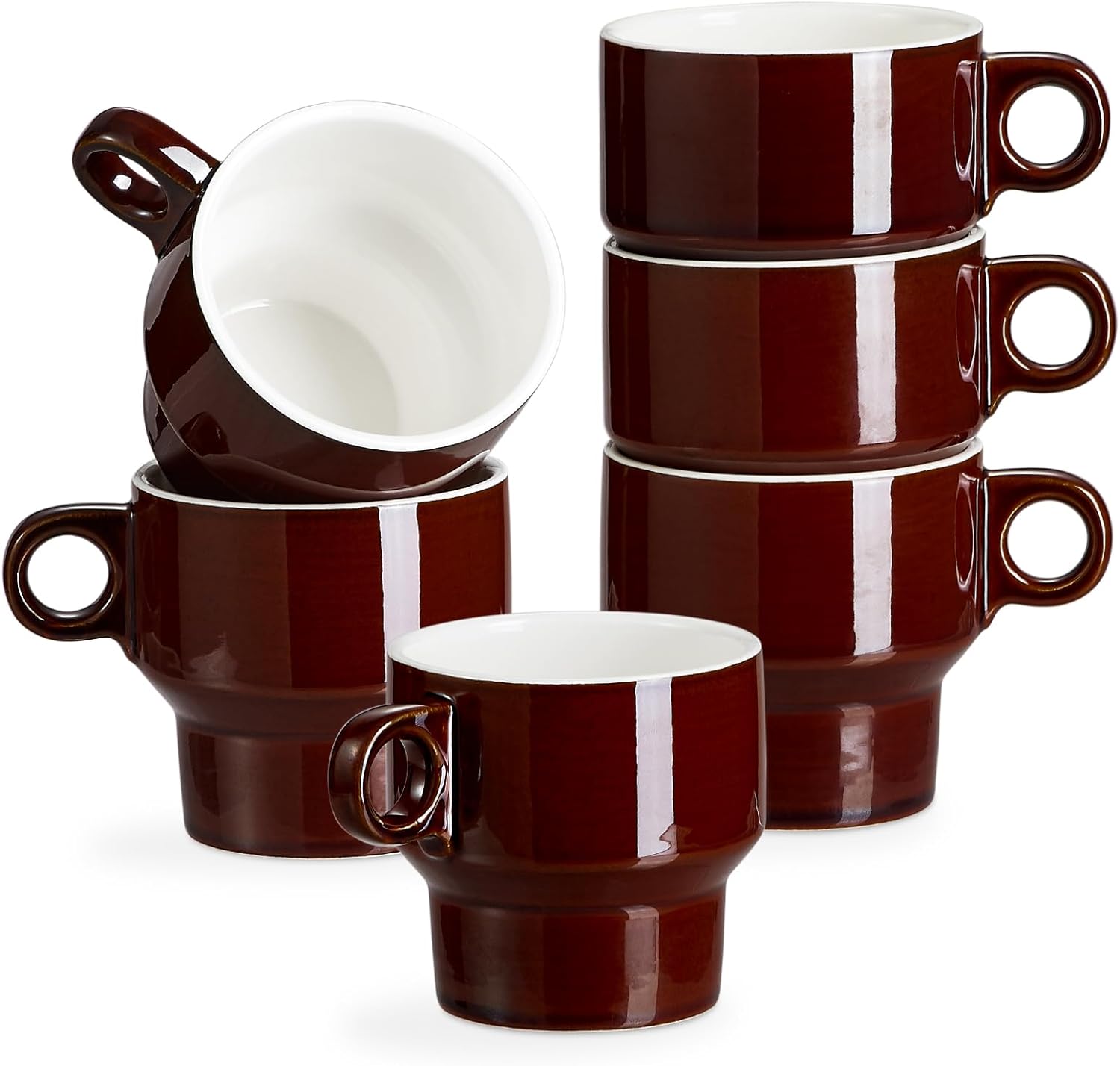 ONEMORE Coffee Mugs Set of 6, Stackable Coffee Mugs 8 oz Demitasse Cups Stacking Ceramic Mug with Handle - Perfect for Coffee, Espresso, Tea, Latte, Cocoa, Cappuccino, Milk - Reddish Brown