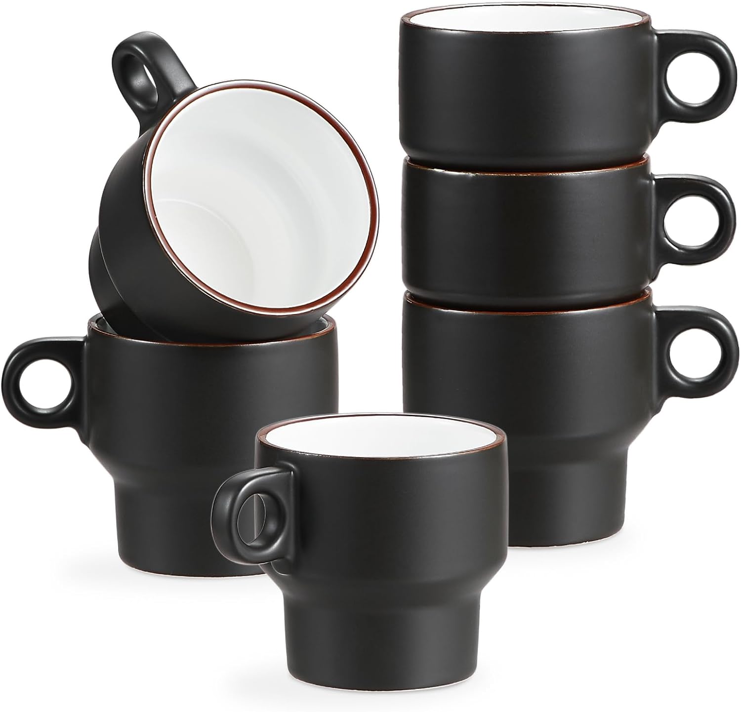 ONEMORE Coffee Mugs Set of 6, Stackable Coffee Mugs 8 oz Demitasse Cups Stacking Ceramic Mug with Handle - Perfect for Coffee, Espresso, Tea, Latte, Cocoa, Cappuccino, Milk - Black