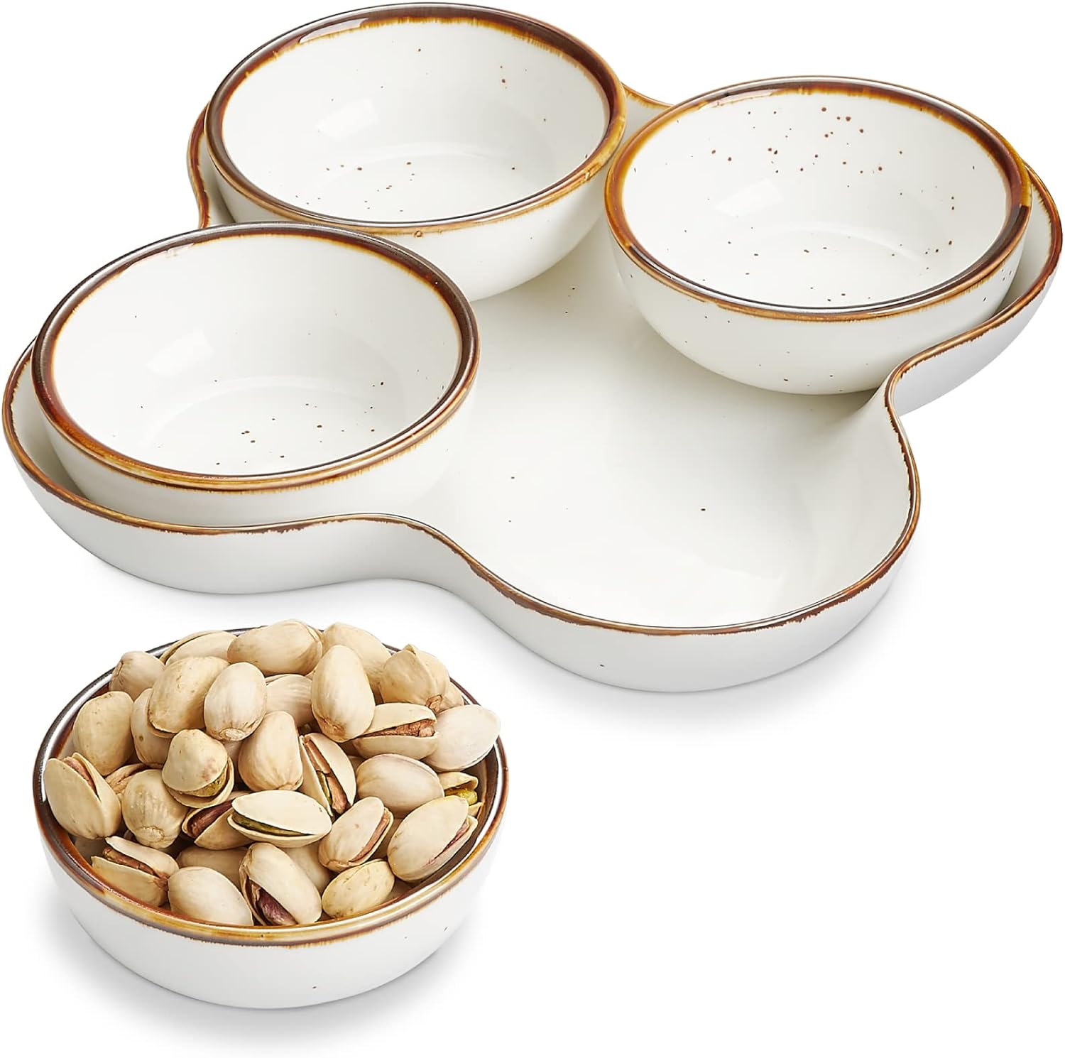 ONEMORE Chip and Dip Serving Set, 10 inch Ceramic Divided Serving Platter Large Appetizer Tray with 4 Removable Dishes for Nuts, Candy, Snacks, Veggies - Creamy White Serving Bowls for Entertaining