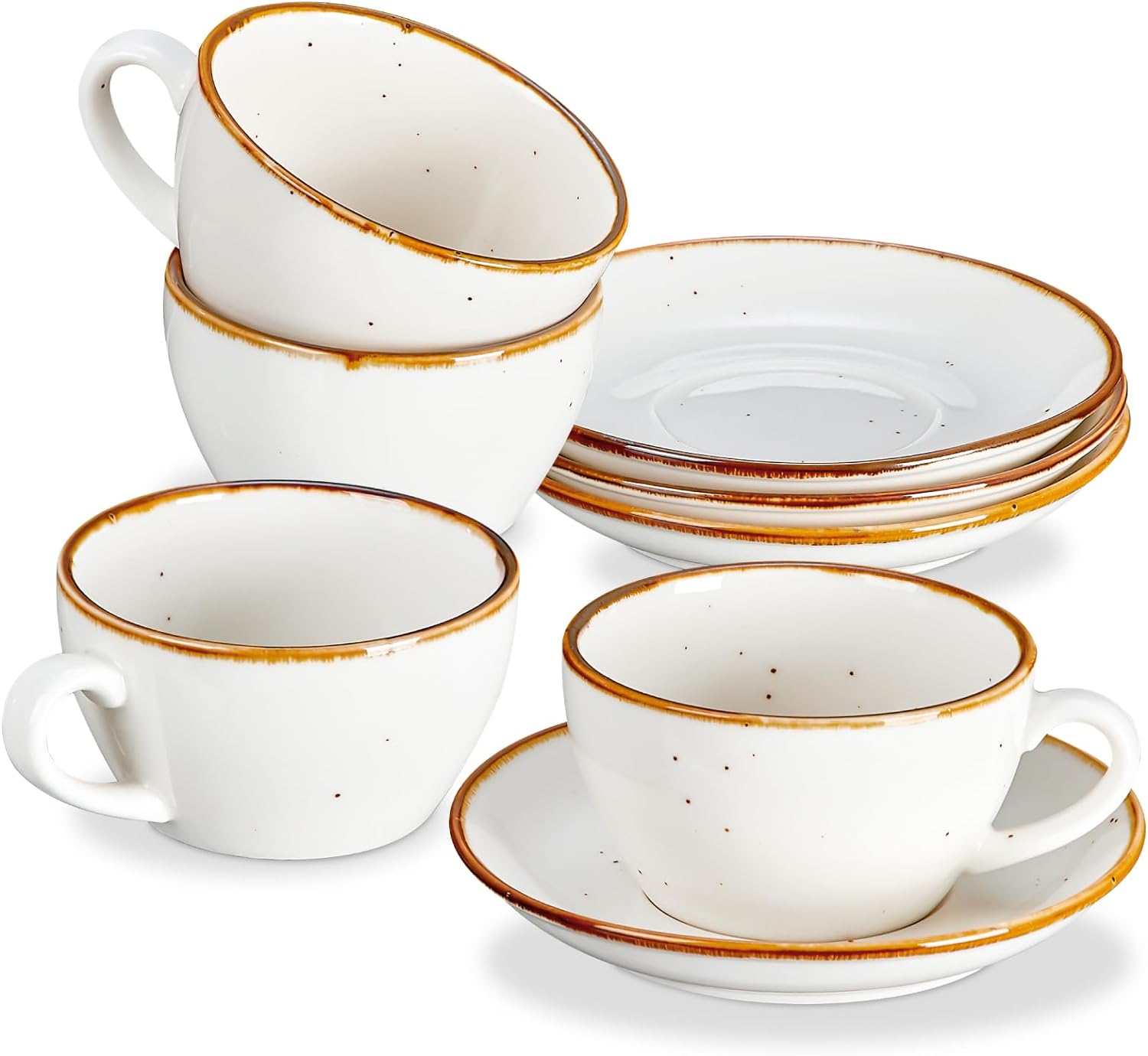 ONEMORE Cappuccino Cups with Saucers, 6.5 oz Espresso Coffee Cups Set of 4 Porcelain Mugs for Latte, Double shot, Cafe Mocha, Tea - Rustic Style - Creamy White