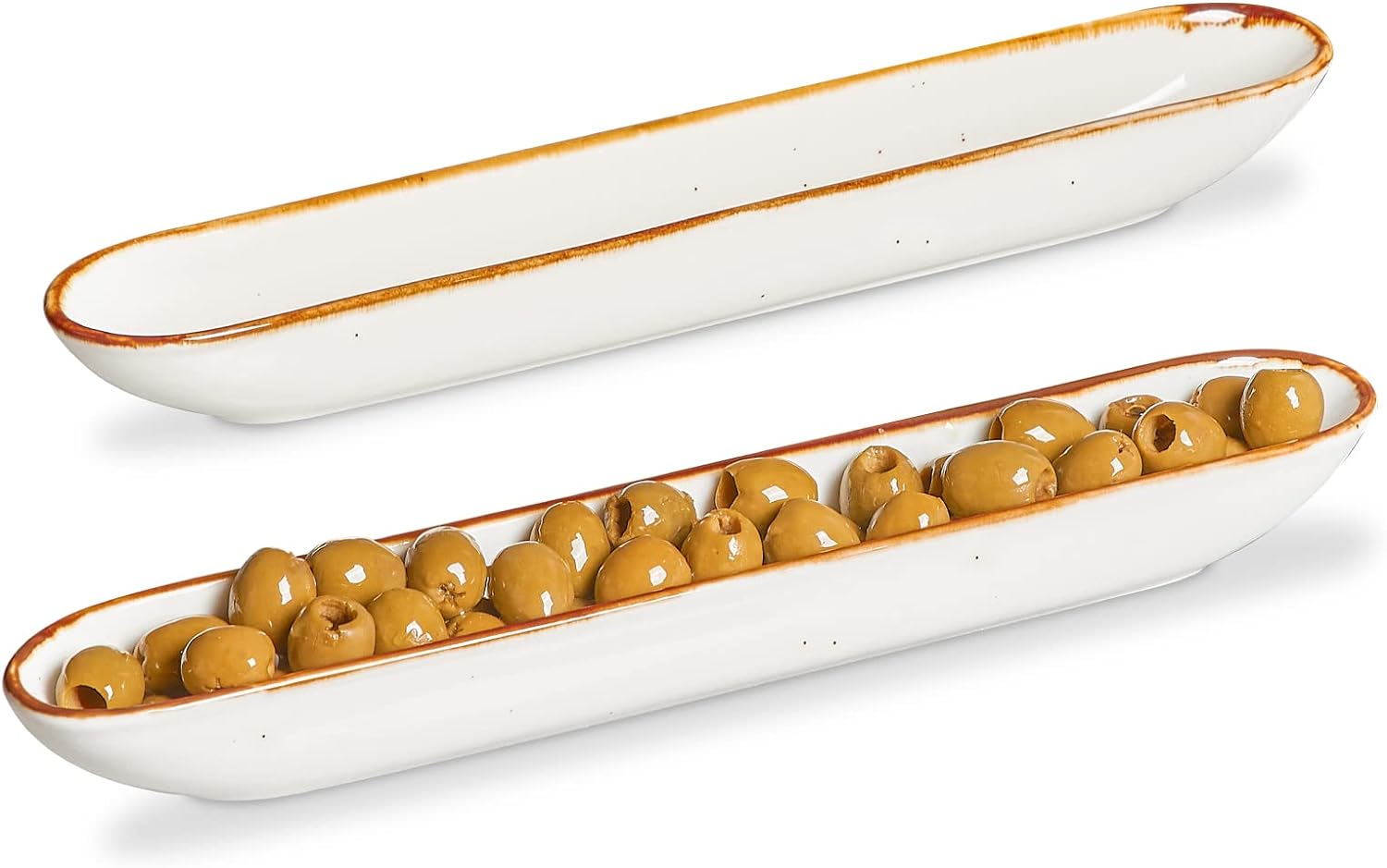 ONEMORE Olive Tray 12 inch Olive Boat, Narrow Olive Tray for Charcuterie Party Buffets - Ceramic Olive Plate Olive Canoe Serving Tray for Appetizers, Snacks, Brined Cheeses - Set of 2, Creamy White