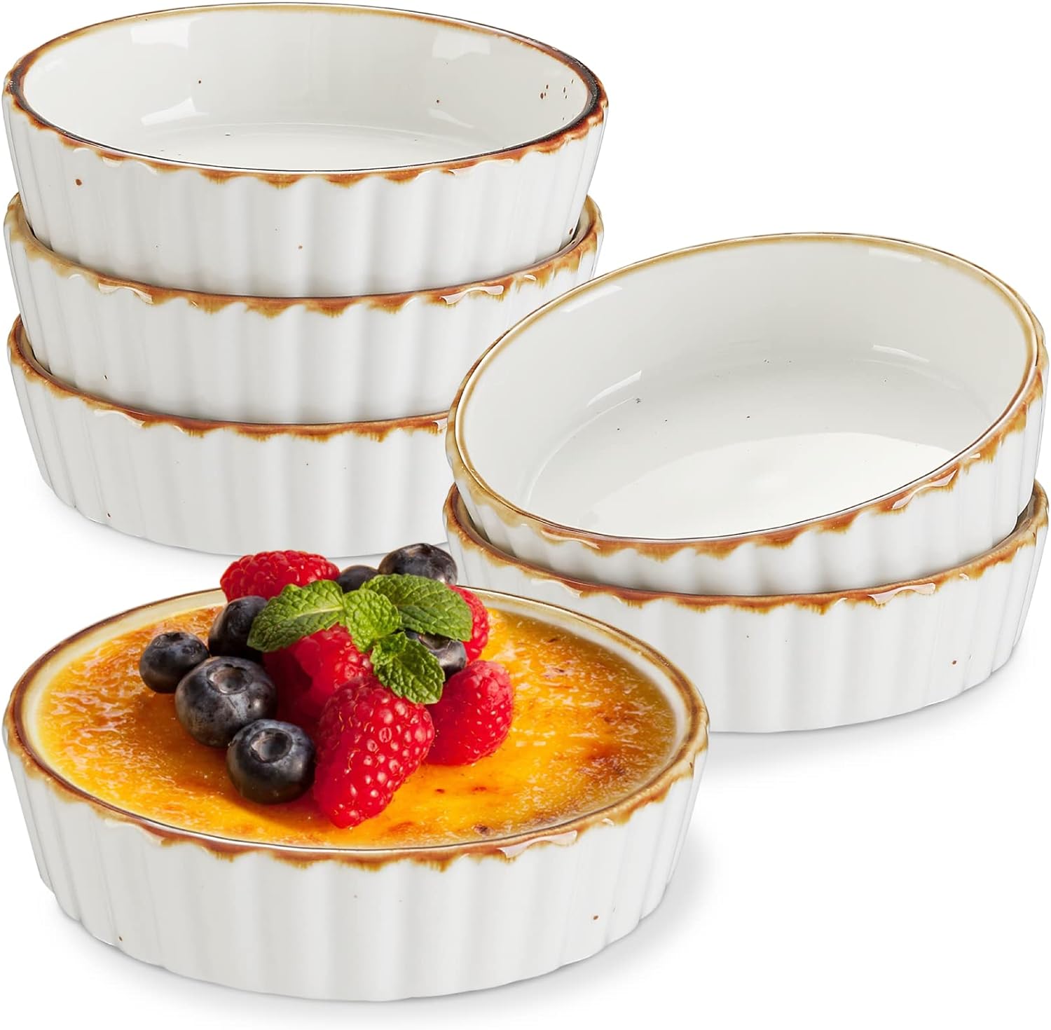 ONEMORE Ramekins 4 oz - Oven Safe Shallow Ramekins for Creme Brulee - Fluted, Set of 6