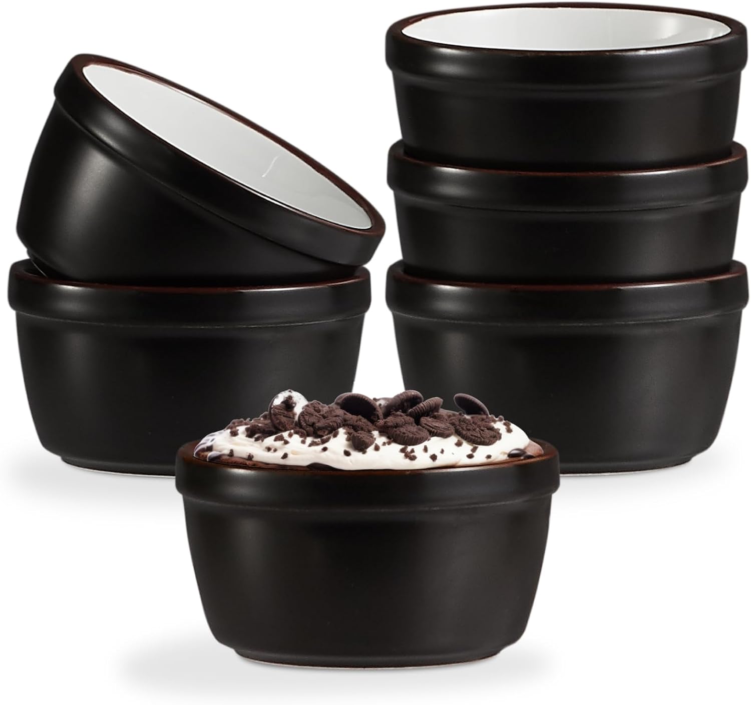 ONEMORE 6 oz Oven Safe Ceramic Ramekins for Baking Creme Brulee, Souffls, and More - Set of 6 Stackable Custard Cups - Scratch-resistant, Microwave & Dishwasher Safe - Black