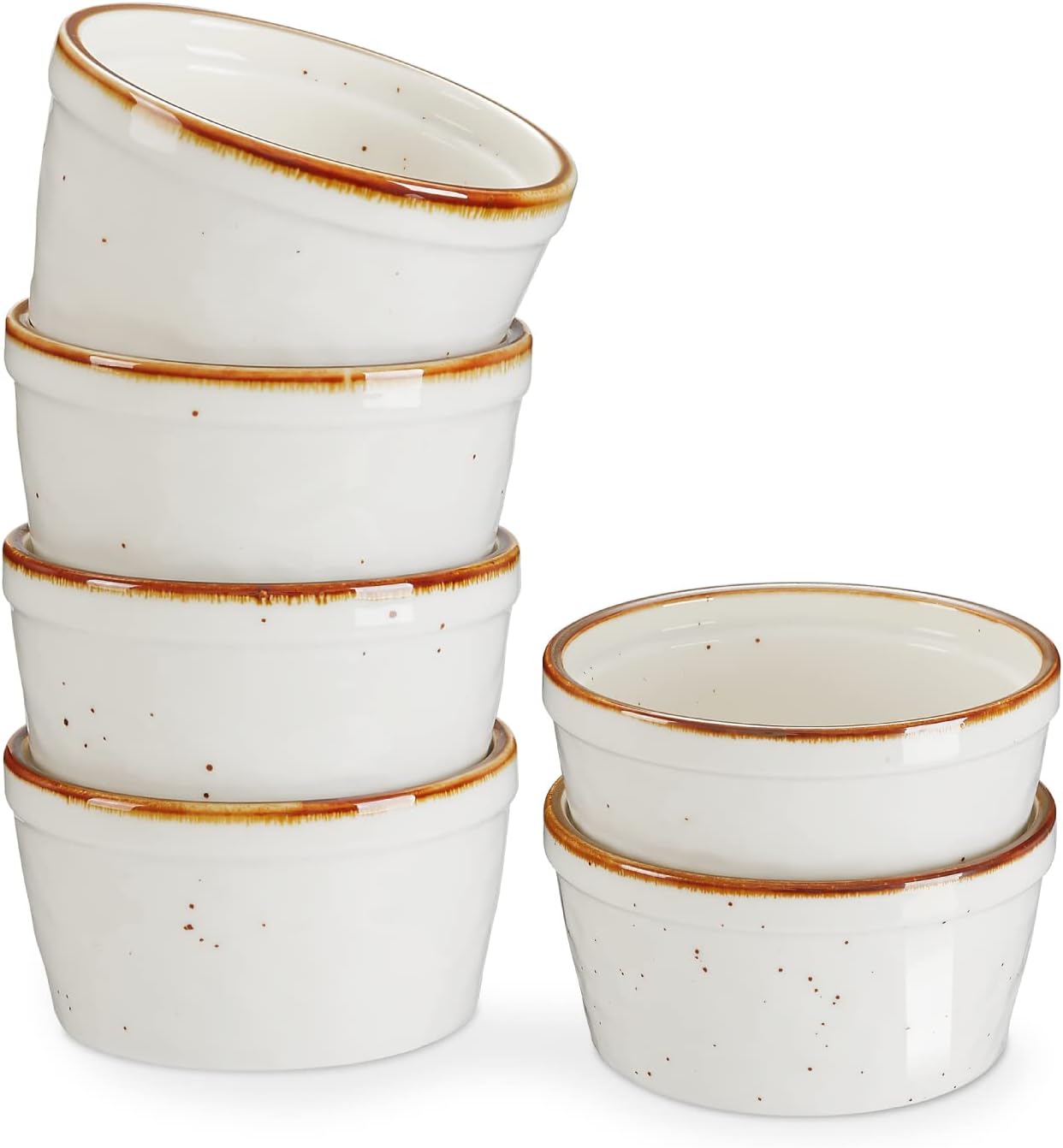 ONEMORE 12 oz Ramekins - Set of 6 | Oven Safe Ceramic Souffle Dishes for Creme Brulee, French Onion Soup, Pot Pies, and More | Rustic Design with Warm Cream Glaze