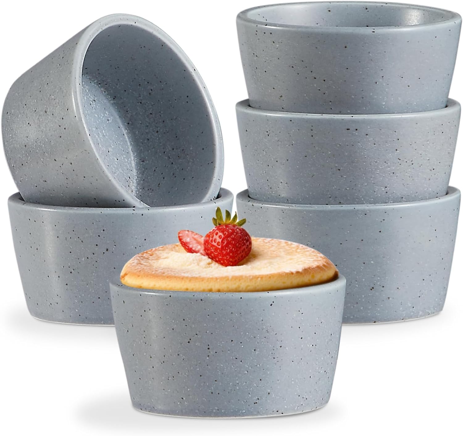 ONEMORE 6 oz Ramekins Set of 6 - Oven Safe Ceramic Mini Creme Brulee Dishes for Baking - Rustic, Speckled, Matte Glaze, Stackable, Microwave & Dishwasher Safe - Blue Grey