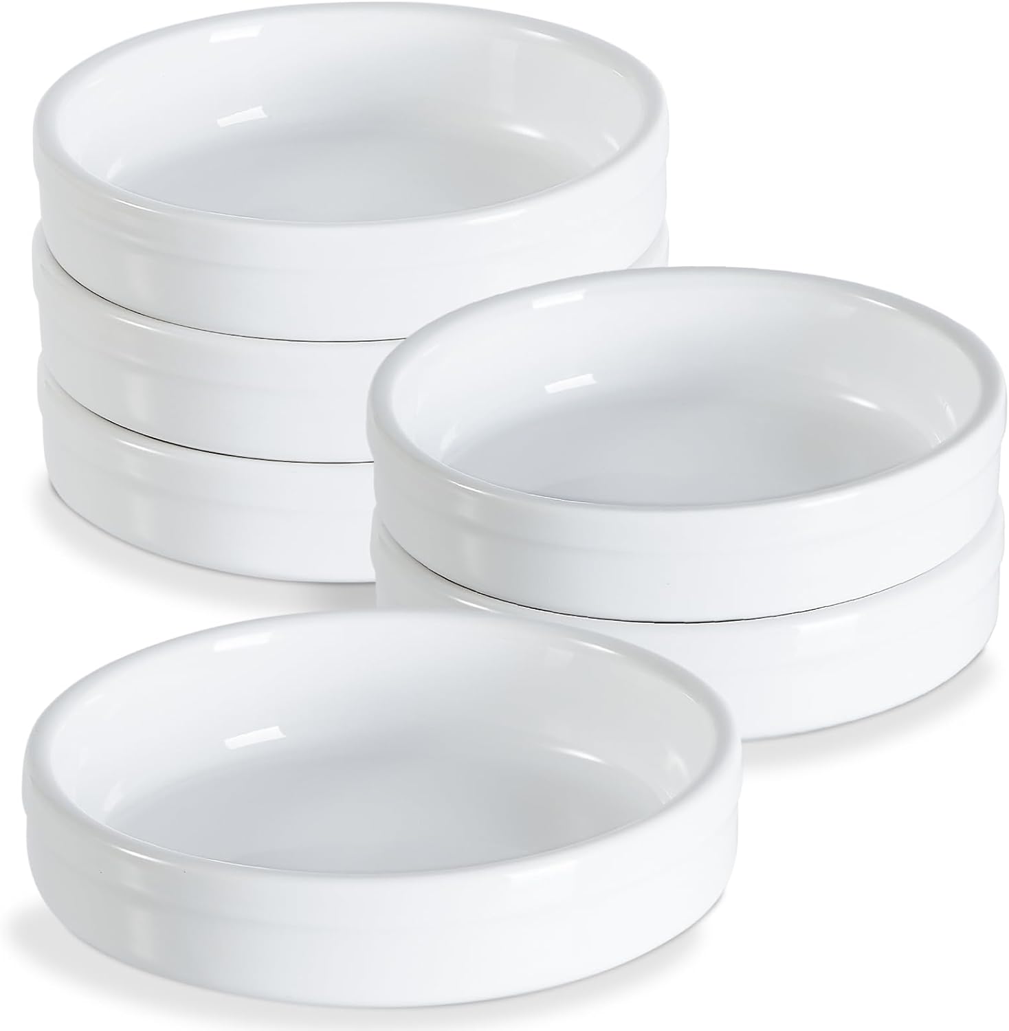 ONEMORE Ramekins 4 oz, Creme Brulee Ramekins Oven Safe Ceramic Shallow Souffle Dishes for Baking Custard, Mini Pies, Puddings and Dipping Sauces 4.5 inch White Mini Round Quiche Pans Set of 6