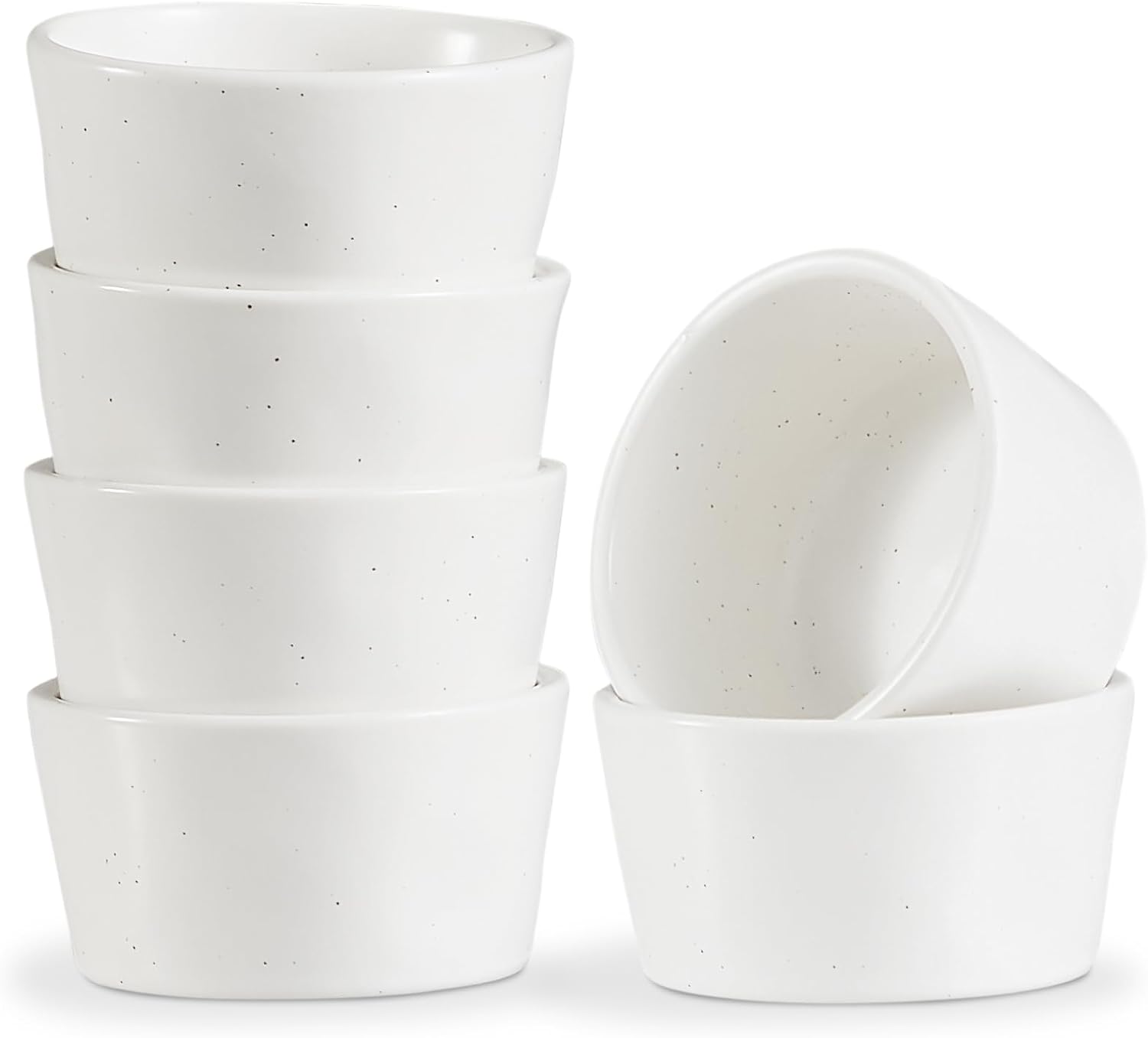 ONEMORE 6oz Creme Brulee Ramekins Set of 6 - Oven Safe Ceramic Small Custard Cups for Single Serving - Speckled, Matte Glaze, Microwave & Dishwasher Safe, Farmhouse - Creamy White