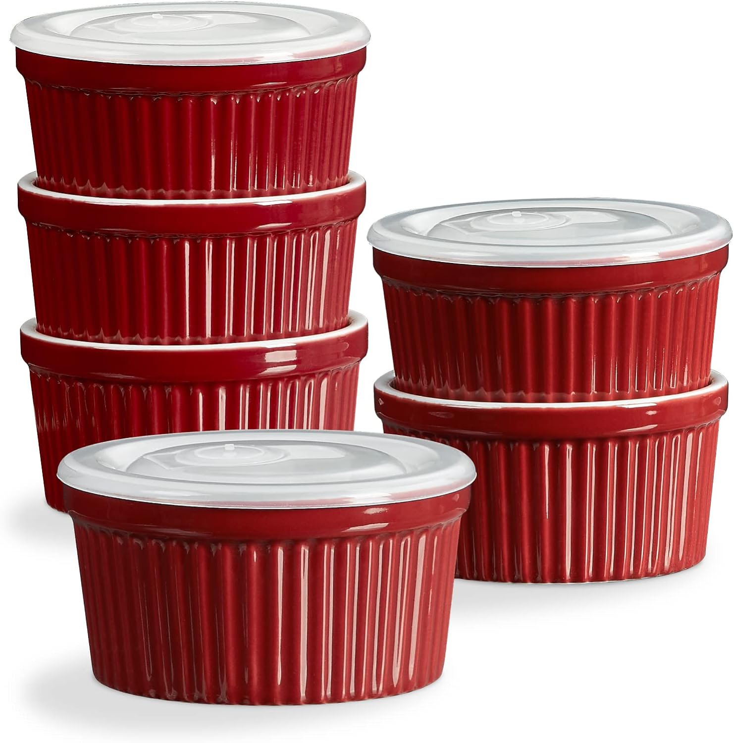 ONEMORE Ramekins with Lids, 8 oz Creme Brulee Souffle Dishes Oven Safe Ceramic Pudding Cups with Silicone Covers Stackable Custard Cups Set of 6 for Baking - Red