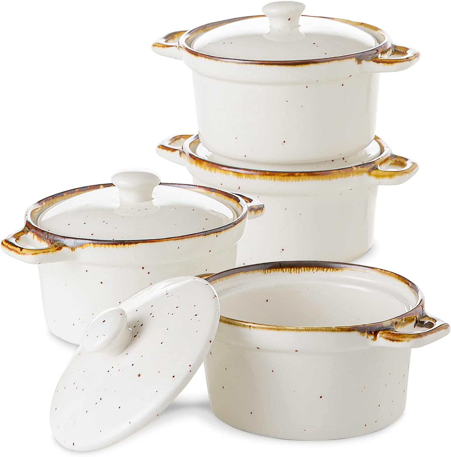 ONEMORE Ramekins with Lids, 12 oz Ceramic Small Casserole Dish with Handles for Baking Creme Brulee Soup, Oven Safe Mini Dutch Oven Rustic Cocotte Set of 4 for Individual Serving, Creamy White