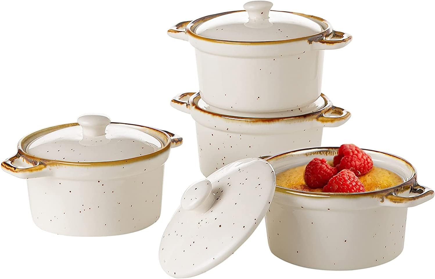 ONEMORE Ceramic Ramekins with Lids - 6oz, Set of 4 - Oven Safe Small Casserole Dish with Handles - Cocotte Set for Individual Serving - Creamy White