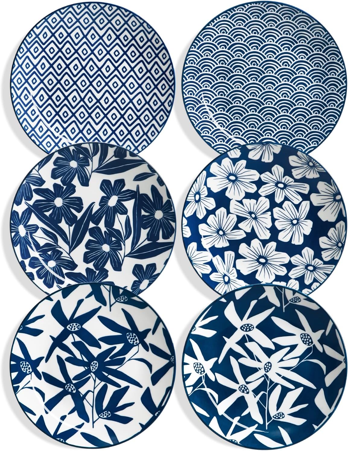 ONEMORE Ceramic Dinner Plates Set of 6, 10.5 inch - Microwave Oven & Dishwasher Safe Porcelain Plates - Japanese Style, Sturdy, Scratch Resistant - Vintage Blue