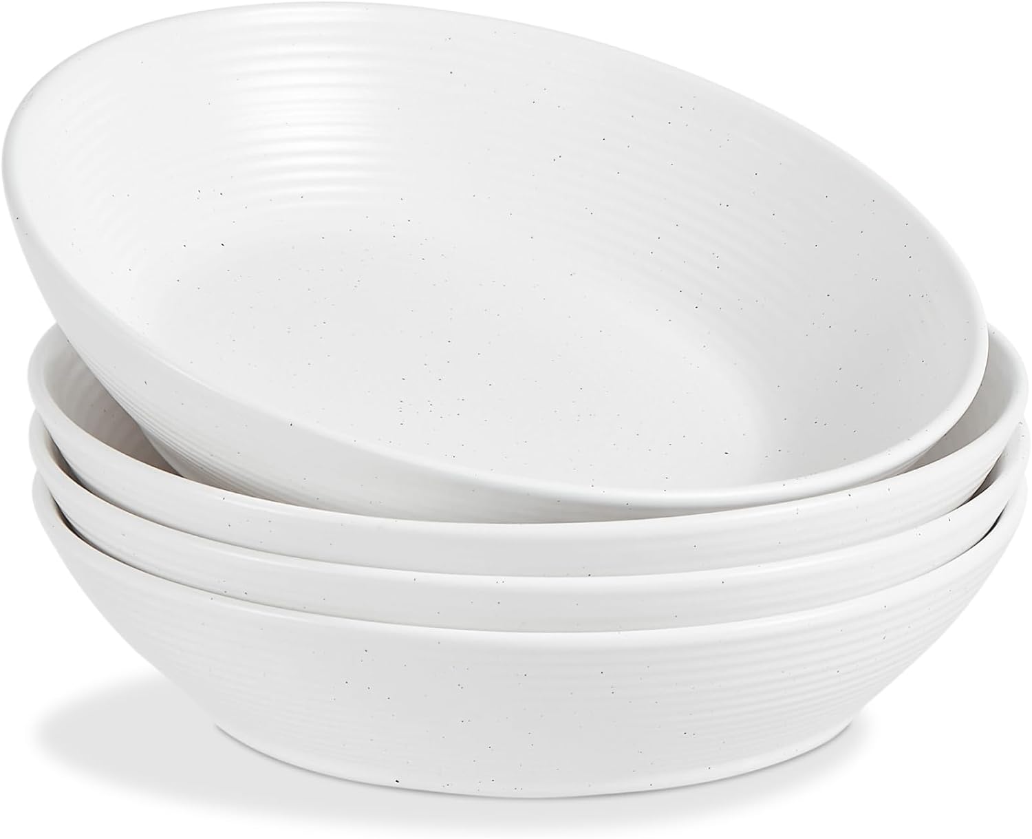 ONEMORE Ceramic Pasta Bowls Set of 4-40 oz Large Salad Bowls, 9.5 inch Round Speckled Soup Bowls, Microwave & Dishwasher Safe, Wide and Shallow Stackable Serving Bowl Set - White