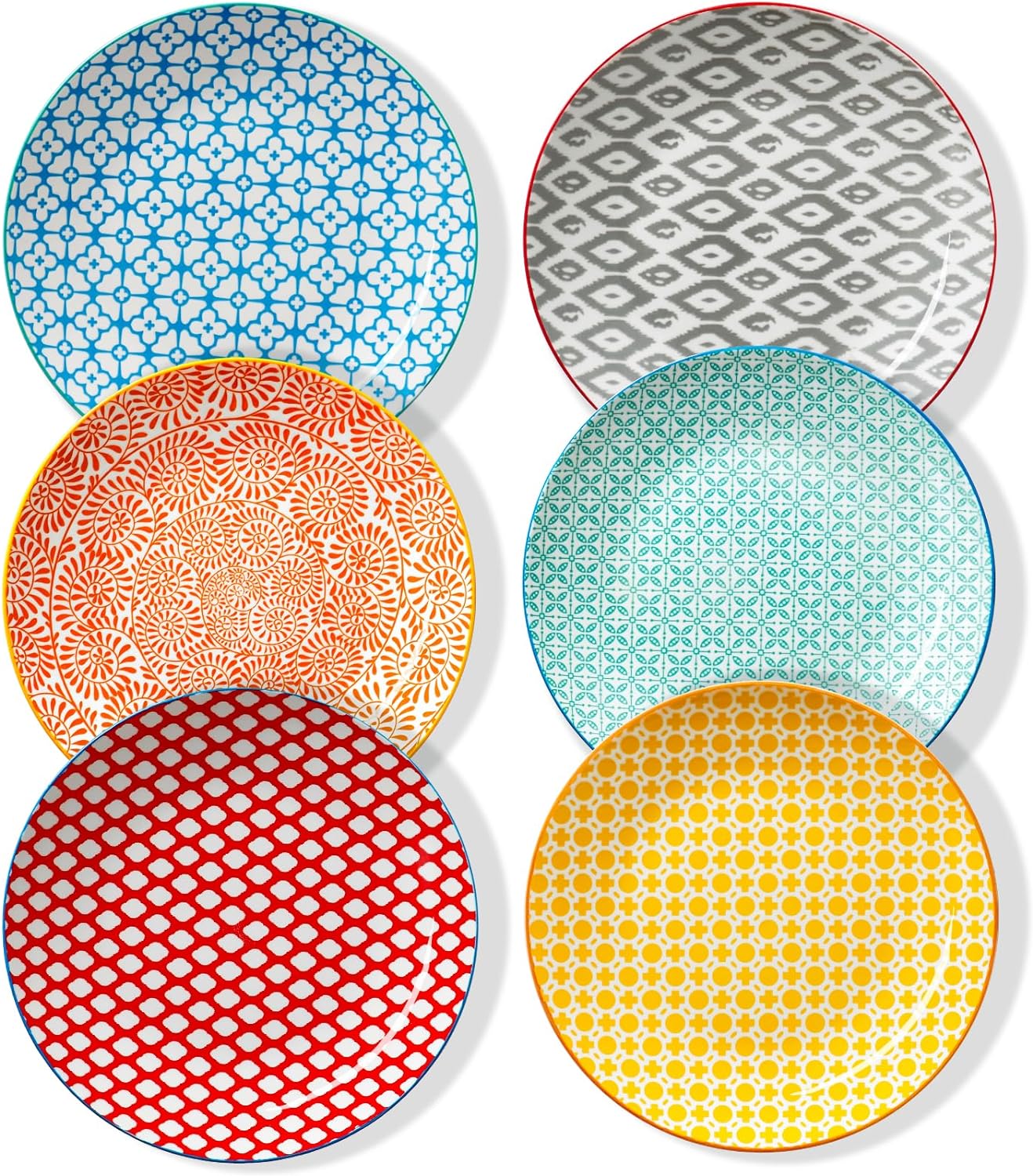 ONEMORE Colorful Dinner Plates Set of 6, 10.5 inch - Microwave, Oven & Dishwasher Safe Large Ceramic Plates for Pasta, Pizza - Geometric Style, Sturdy, Scratch Resistant - Assorted Colors