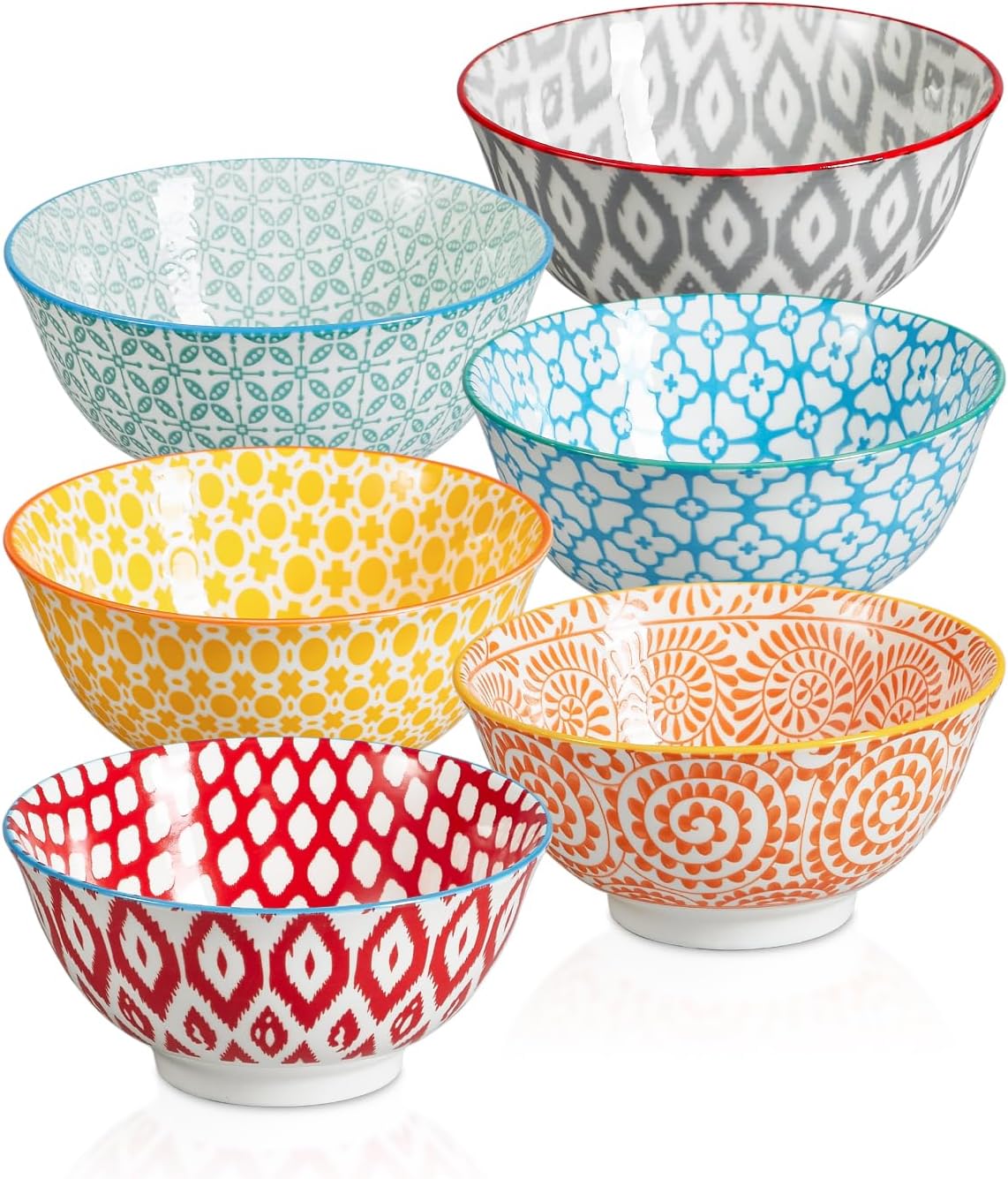 ONEMORE 24oz Colorful Cereal Bowls Set of 6 - Dishwasher Safe Ceramic Bowl for Snack, Soup - Oven & Microwave Safe, Durable, Decorative Bowls, Well Packed Gift - Assorted Colors