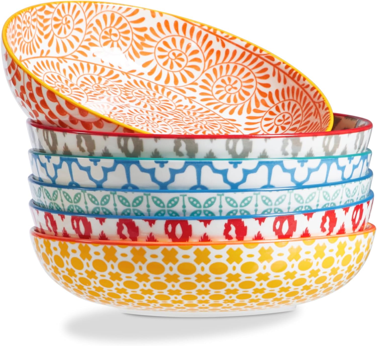 ONEMORE Colorful Pasta Bowls Set of 6, 36oz - Oven/Microwave/Dishwasher Safe Ceramic Wide Bowl for Dinner - Durable, Scratch Resistant - Assorted Colors