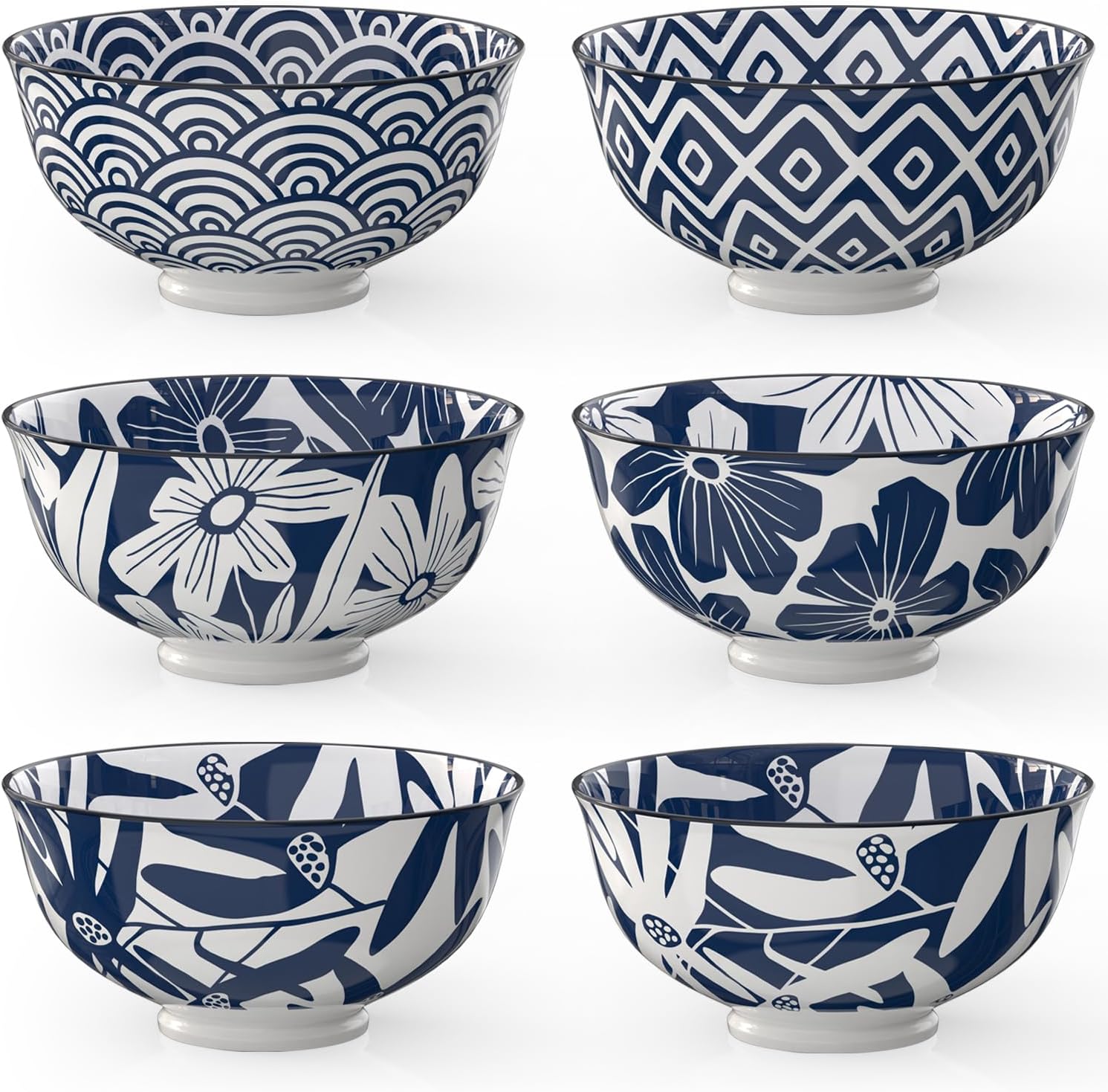 ONEMORE 24oz Ceramic Cereal Bowls Set of 6 - Microwave Dishwasher & Oven Safe Round Bowls for Kitchen - Unique Designed, Stackable, Durable - Vintage Blue & White