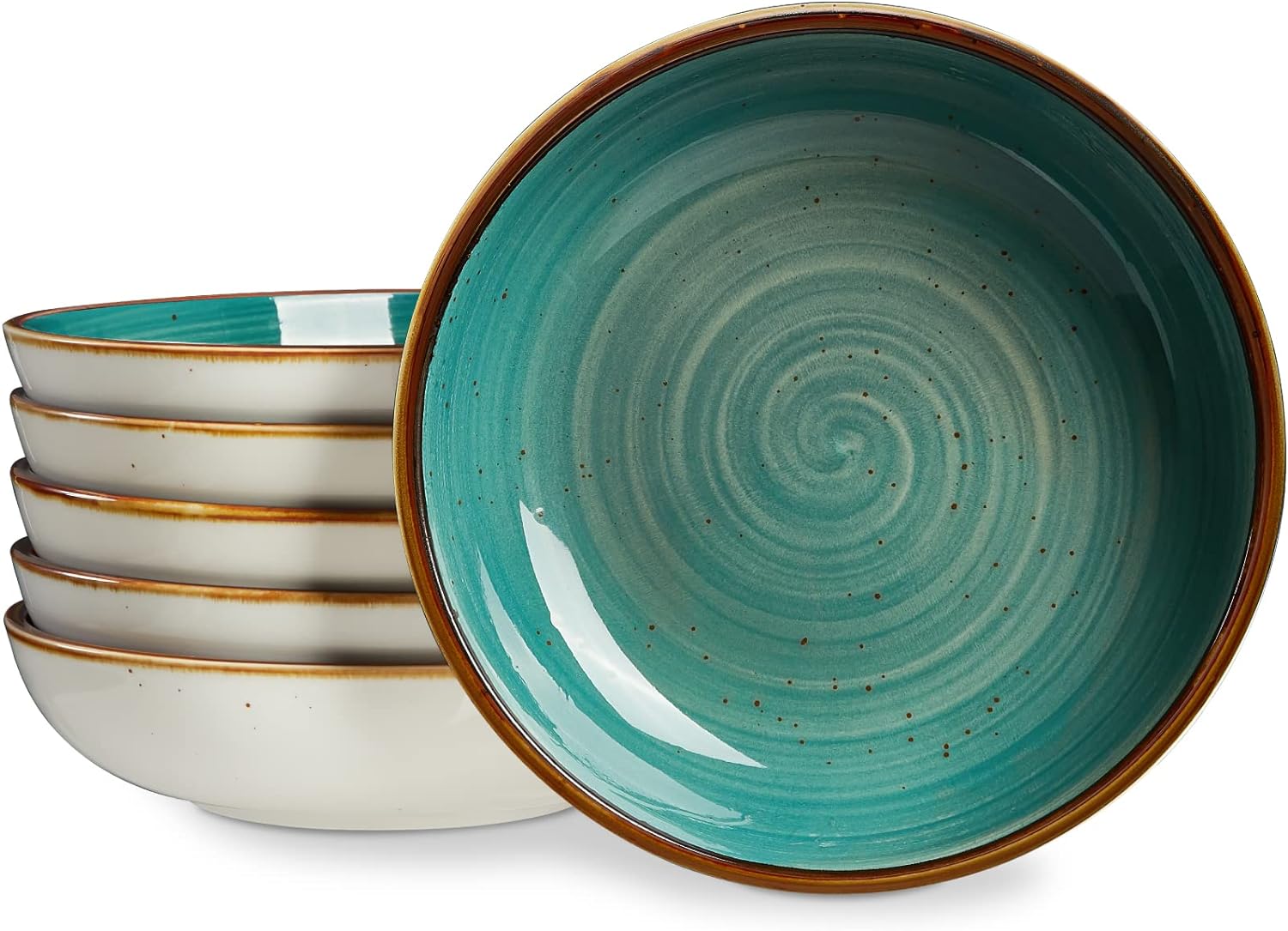 ONEMORE Porcelain Salad Pasta Bowls 30 Ounce, Set of 6 Ceramic Salad Dinner plates Bowls, Shallow & Wide Serving Bowls for Soup, Dessert, Pizza. Microwave & Dishwasher Safe Kitchen Dinnerware, Teal