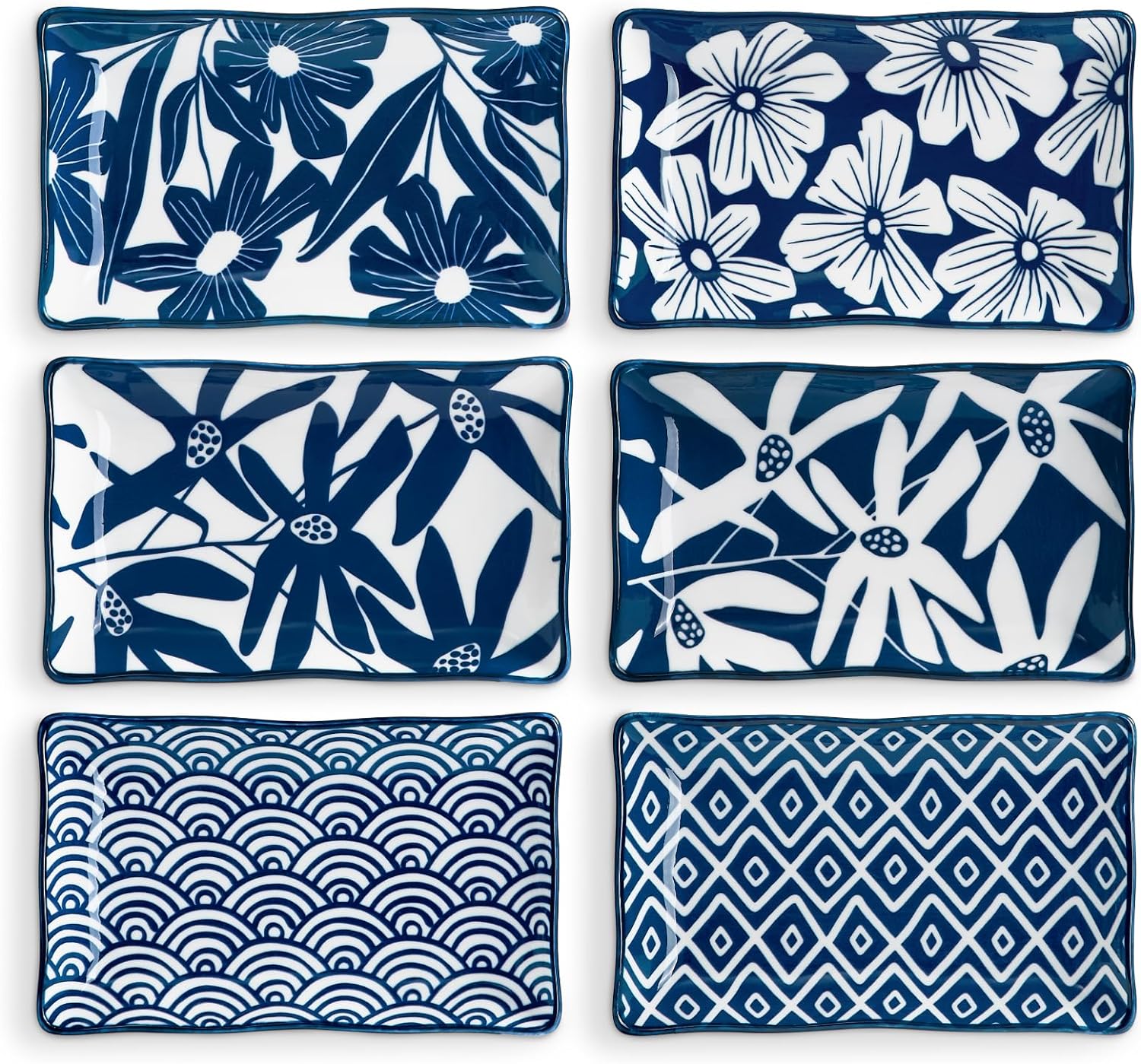 ONEMORE Rectangular Salad Plates Set of 6-7.5 in Ceramic Blue and White Sushi Plates - Microwave, Oven & Dishwasher Safe, Classic Style, Sturdy, Scratch Resistant - Vintage Blue