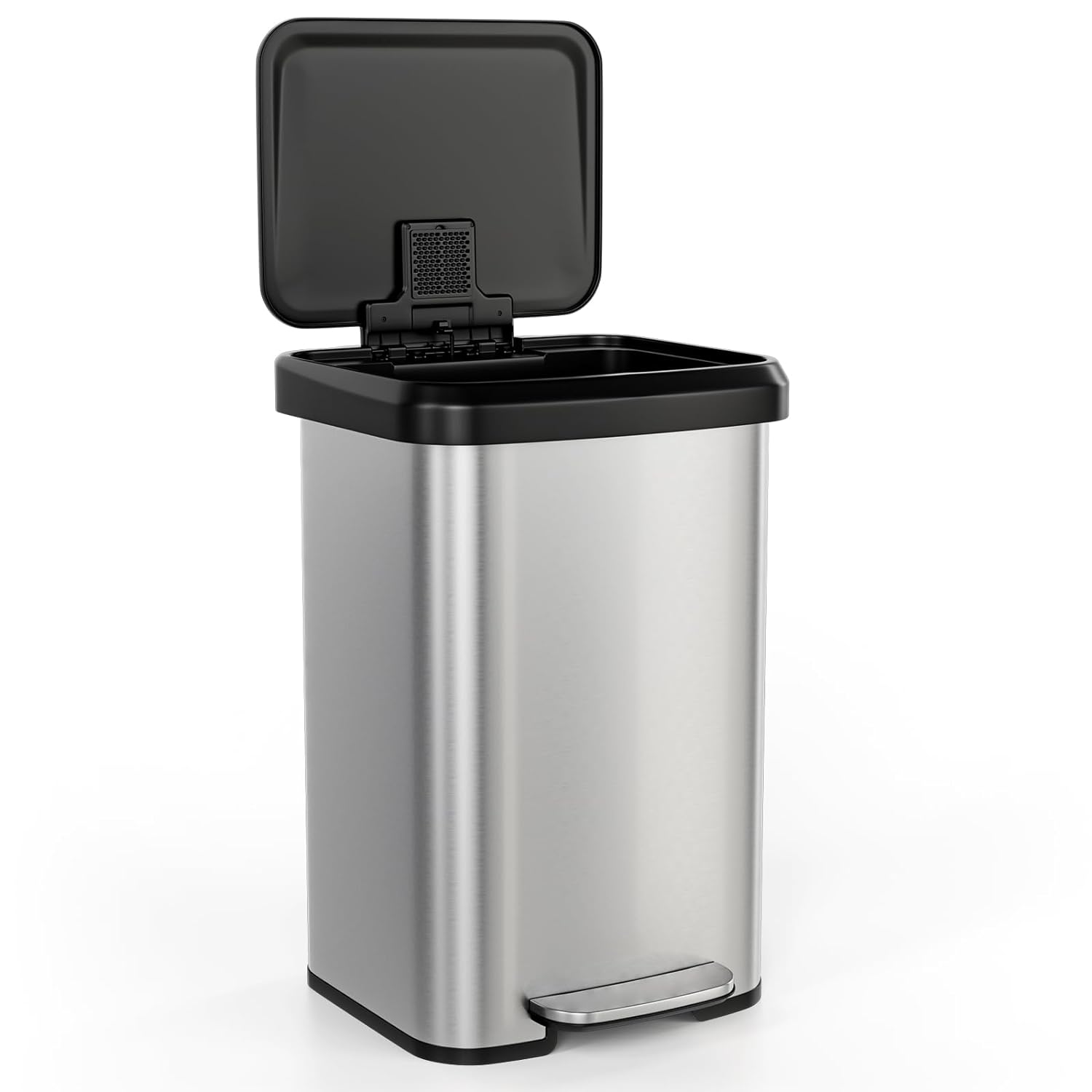 Goplus 13 Gallon/50 L Stainless Steel Trash Can, Rectangular Anti-Fingerprint Trash Bin w/Soft-Close Lid, Foot Pedal & Deodorizer Compartment, Step-On Garbage Can for Kitchen Home Office (Silver)