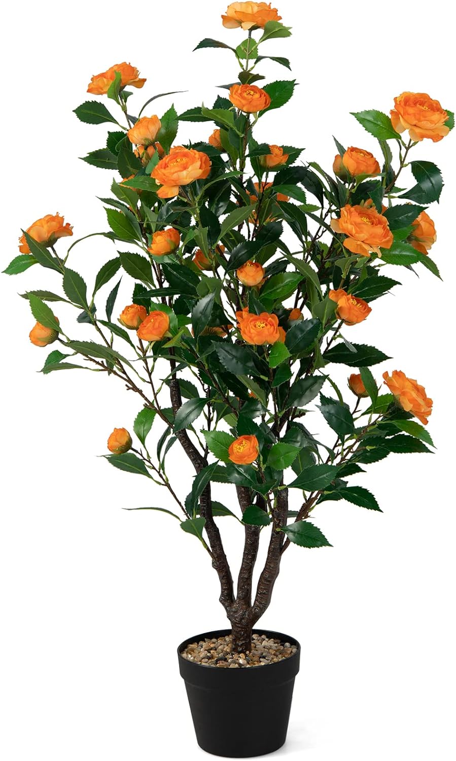 Goplus 40 Artificial Camellia Tree, Flower Plants Artificial Tree, Faux Floral Plant Blooming Tree in Cement Pot, Greenery Potted Plant for Indoor Outdoor Office Home Porch Decor, Free Maintenance