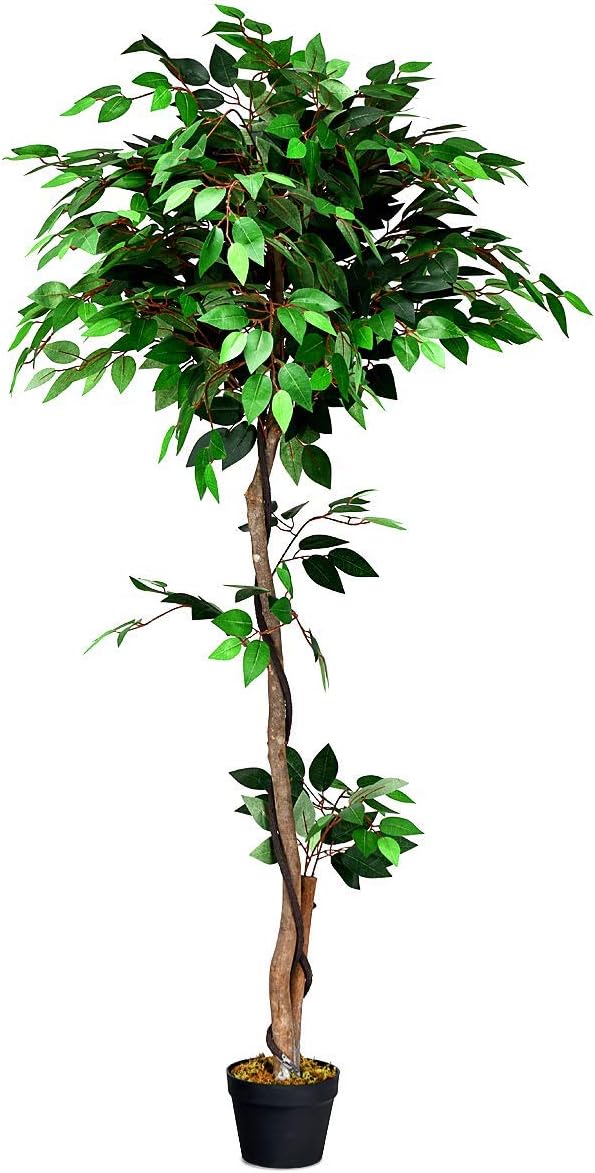 Goplus 5.5FT Ficus Silk Leaf Artificial Tree, Potted Fake Tree w/Green Leaves and Natural Trunk, Maintenance Free, Tall Faux Plant for Indoor Outdoor Decoration