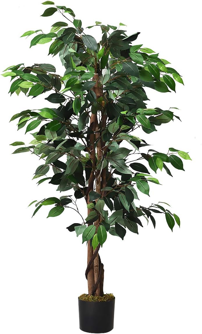 Goplus 4FT Artificial Ficus Silk Tree, Potted Fake Tree w/Green Leaves and Natural Trunk, Maintenance Free, Tall Faux Plant for Indoor Outdoor Decoration