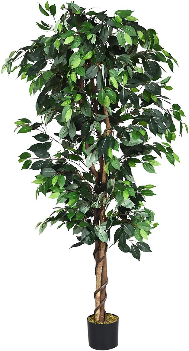 Goplus 6FT Artificial Ficus Silk Tree, Potted Fake Tree w/Green Leaves and Natural Trunk, Maintenance Free, Tall Faux Plant for Indoor Outdoor Decoration