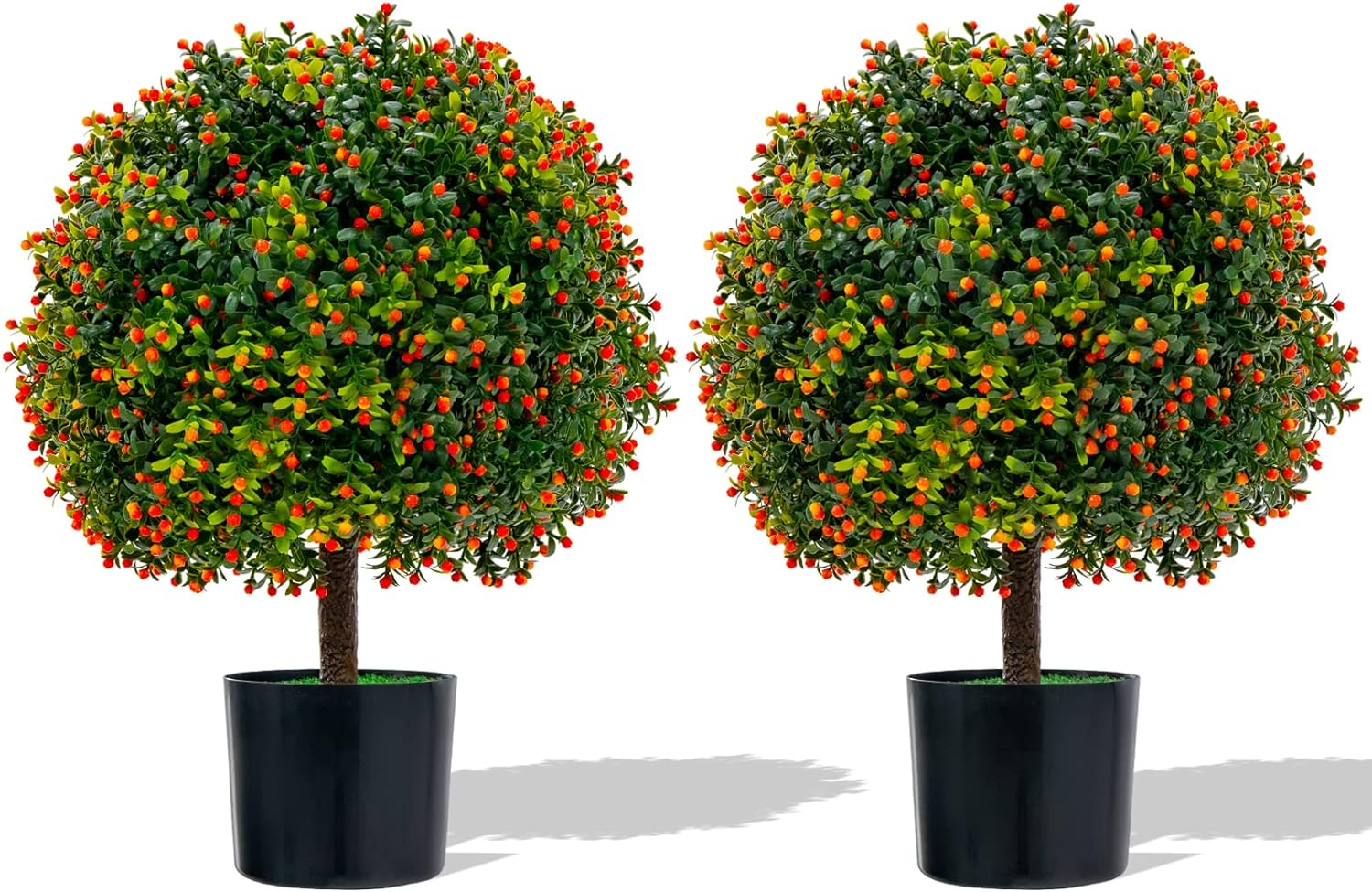 Goplus 22'' Artificial Boxwood Topiary Ball Tree, Set of 2 UV Resistant Faux Potted Plants Artificial Shrubs Bushes with Orange Fruits, Fake Evergreen Artificial Topiary for Home Front Porch Decor