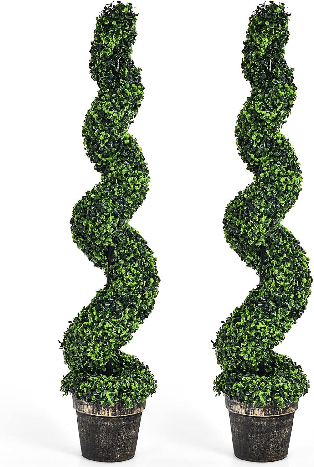 Goplus 4FT Artificial Spiral Boxwood Topiary Tree, 2 Pack Greenery Large Faux Plant in Cement-Filled Plastic Pot, Tall Fake Plant for Indoor Outdoor Home Front Porch Decor