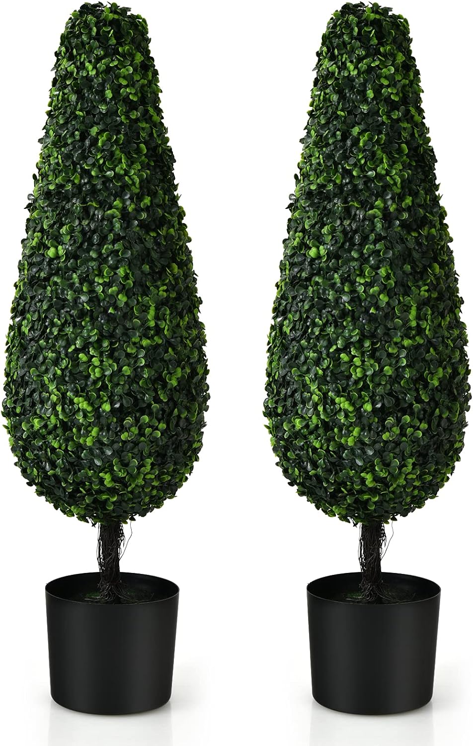 Goplus 3ft Artificial Boxwood Tower Topiary Trees, 2 Pack Faux Decorative Plants in Cement-Filled Plastic Pot, Fake Greenery Plants for Indoor Outdoor Home Office Garden Porch Decor