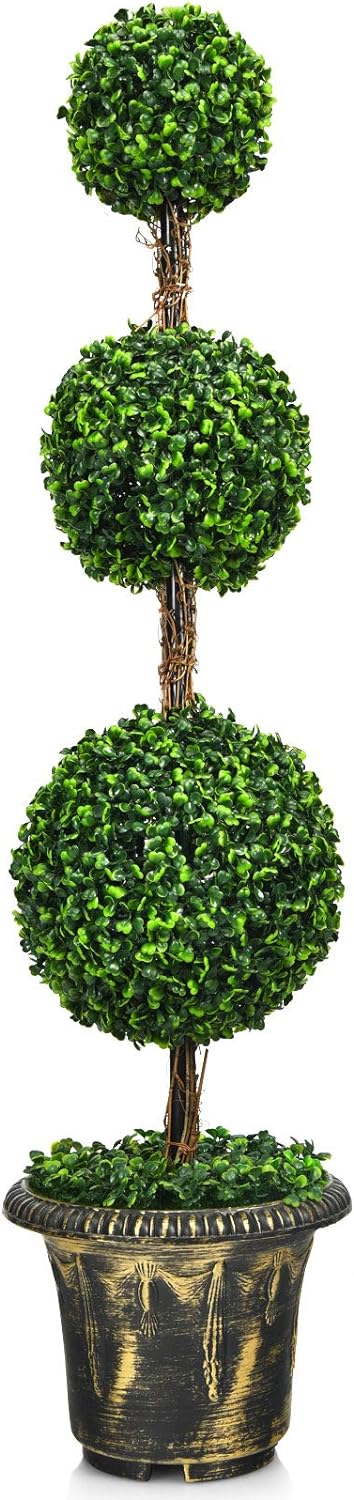 Goplus 4 Ft Artificial Boxwood Topiary Tree, Fake Greenery Plants Ball Tree, Leaves & Cement-Filled Plastic Flower Pot Decorative Trees for Home Office Indoor Outdoor