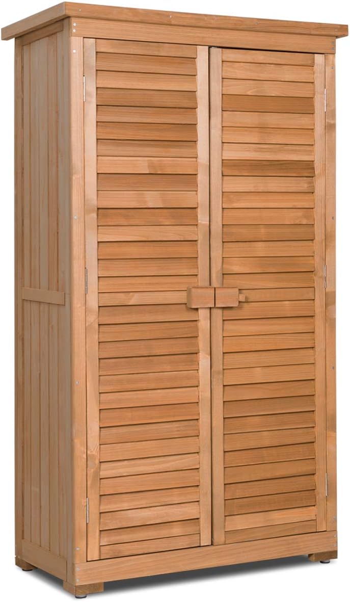 Goplus Outdoor Storage Cabinet, Wooden Garden Shed with Latch & Detachable Shelves & Pitch Roof, Vertical Organizer for Outside Yard Patio Deck Natural