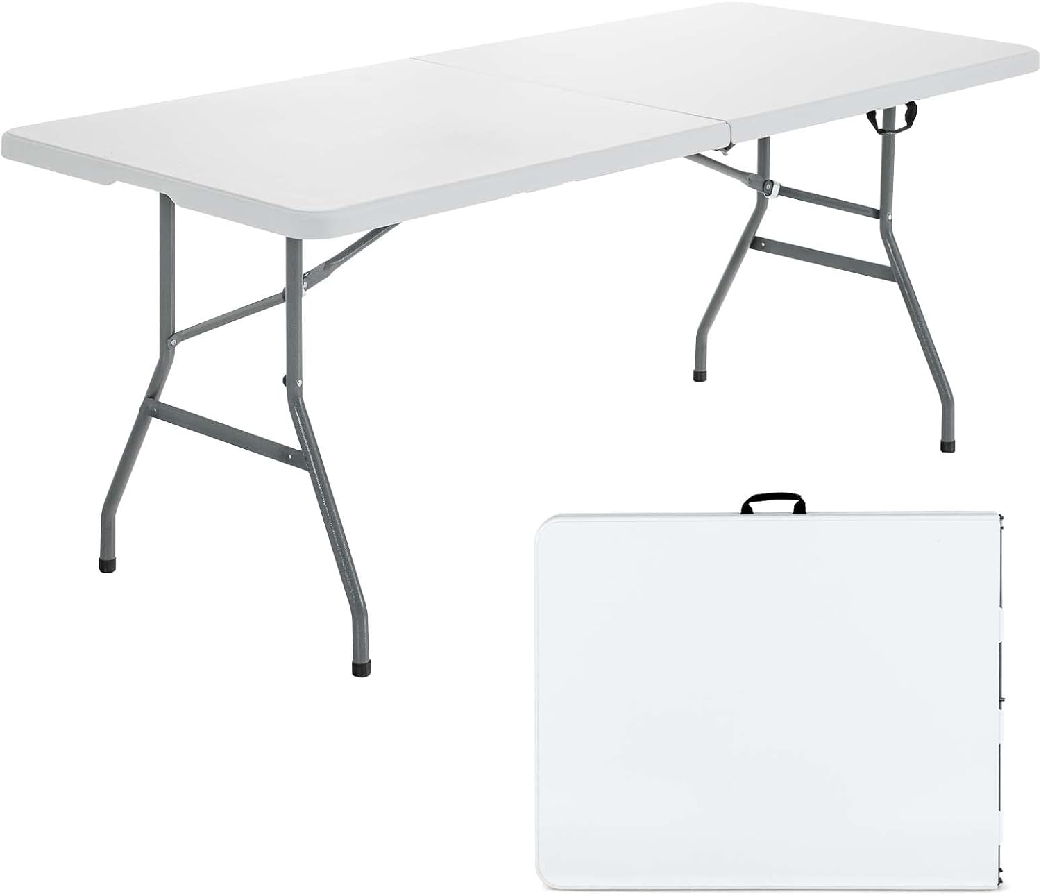 Goplus Folding Tables, 6ft Foldable Plastic Card Table, Portable Heavy Duty Fold Up Table w/Handle, White Outdoor Utility Folding Table for Picnic, Party, Dining, Camping, Beach, BBQ, No Assembly