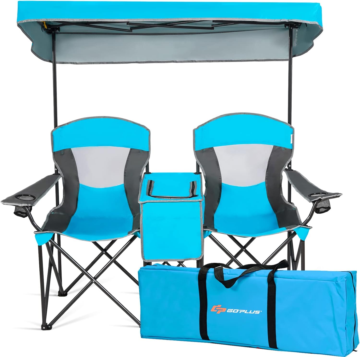 Goplus Double Beach Chair with Canopy Shade, Folding Lawn Camping Chairs with Sunshade & Mini Table Beverage Holder & Carrying Bag for Outdoor Travel Hiking Fishing Poolside (Blue)