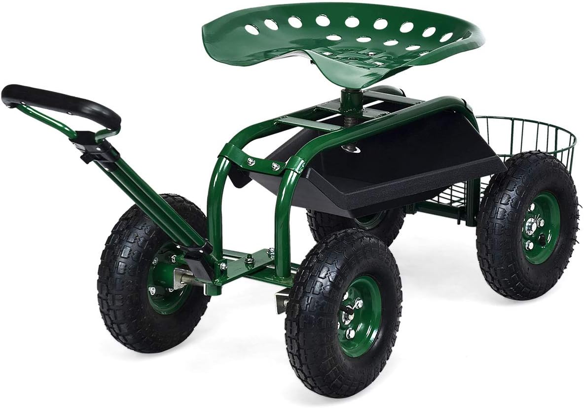 Goplus Garden Cart Gardening Workseat w/Wheels, Patio Wagon Scooter for Planting, Work Seat with Tool Tray and Basket (Length Adjustable Handle)