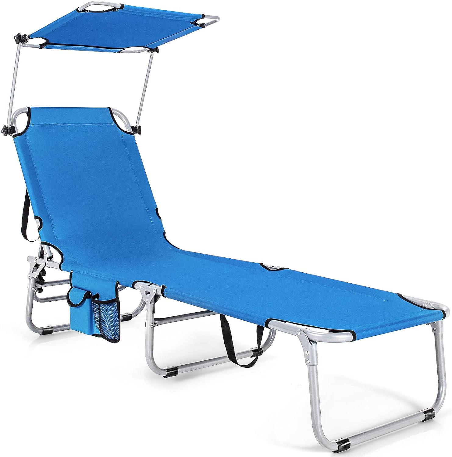 Goplus Tanning Chair, Foldable Beach Lounge Chair with 360Canopy Sun Shade, Side Pocket, 5-Position Adjustable, Outdoor Beach Chaise Recliner for Patio Pool Yard Lawn (1, Blue)