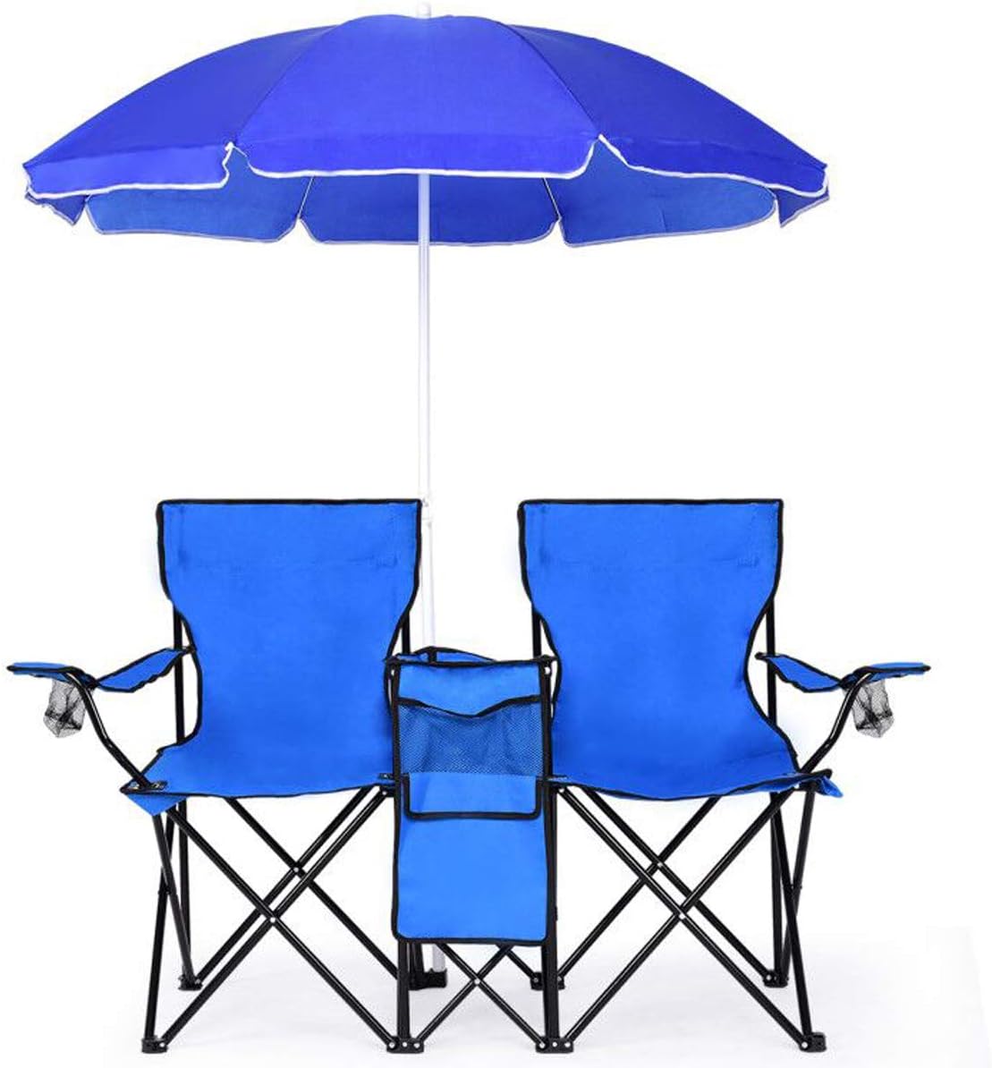 Goplus Double Folding Picnic Chairs w/Umbrella Mini Table Beverage Holder Carrying Bag for Beach Patio Pool Park Outdoor Portable Camping Chair (Blue)