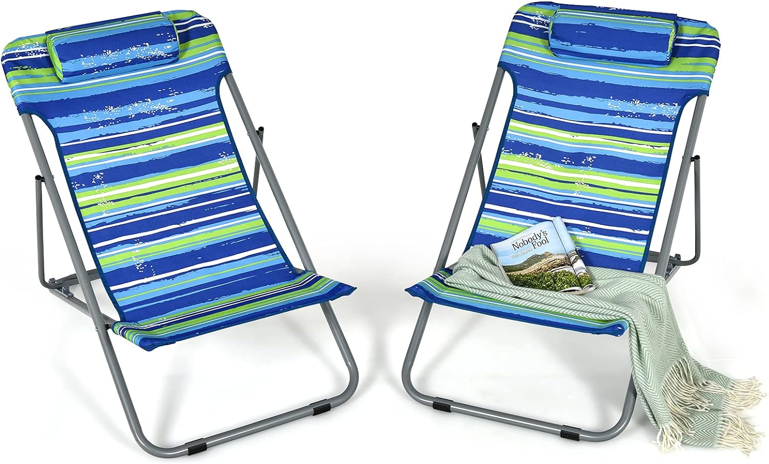 Goplus Beach Sling Chair for Adults, 2 Pcs Portable Folding Camping Chair W/ 3-Position Adjustable Backrest & Comfy Headrest, Outdoor Heavy Duty Lounge (Stripe)