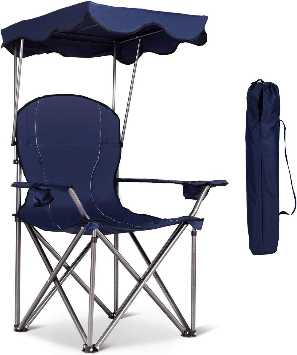 Goplus Beach Chair with Canopy Shade, Folding Lawn Chair with Umbrella Cup Holder & Carry Bag, Portable Sunshade Chair for Adults for Outdoor Travel Hiking Fishing (Blue)