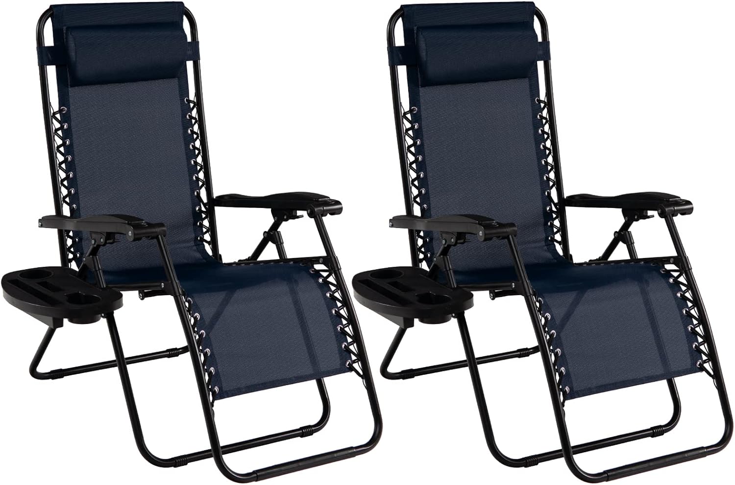 Goplus Zero Gravity Chair, Adjustable Folding Reclining Lounge Chair with Pillow and Cup Holder, Patio Lawn Recliner for Outdoor Pool Camp Yard (Set of 2, Navy)