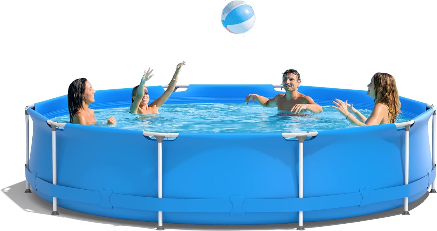 Goplus Above Ground Swimming Pool, 12ft x 12ft x 30inch Outdoor Steel Frame Pool W/Pool Cover, Reinforced Steel Frame, Round Swimming Pool for Backyard, Garden, Patio, Balcony (Blue)